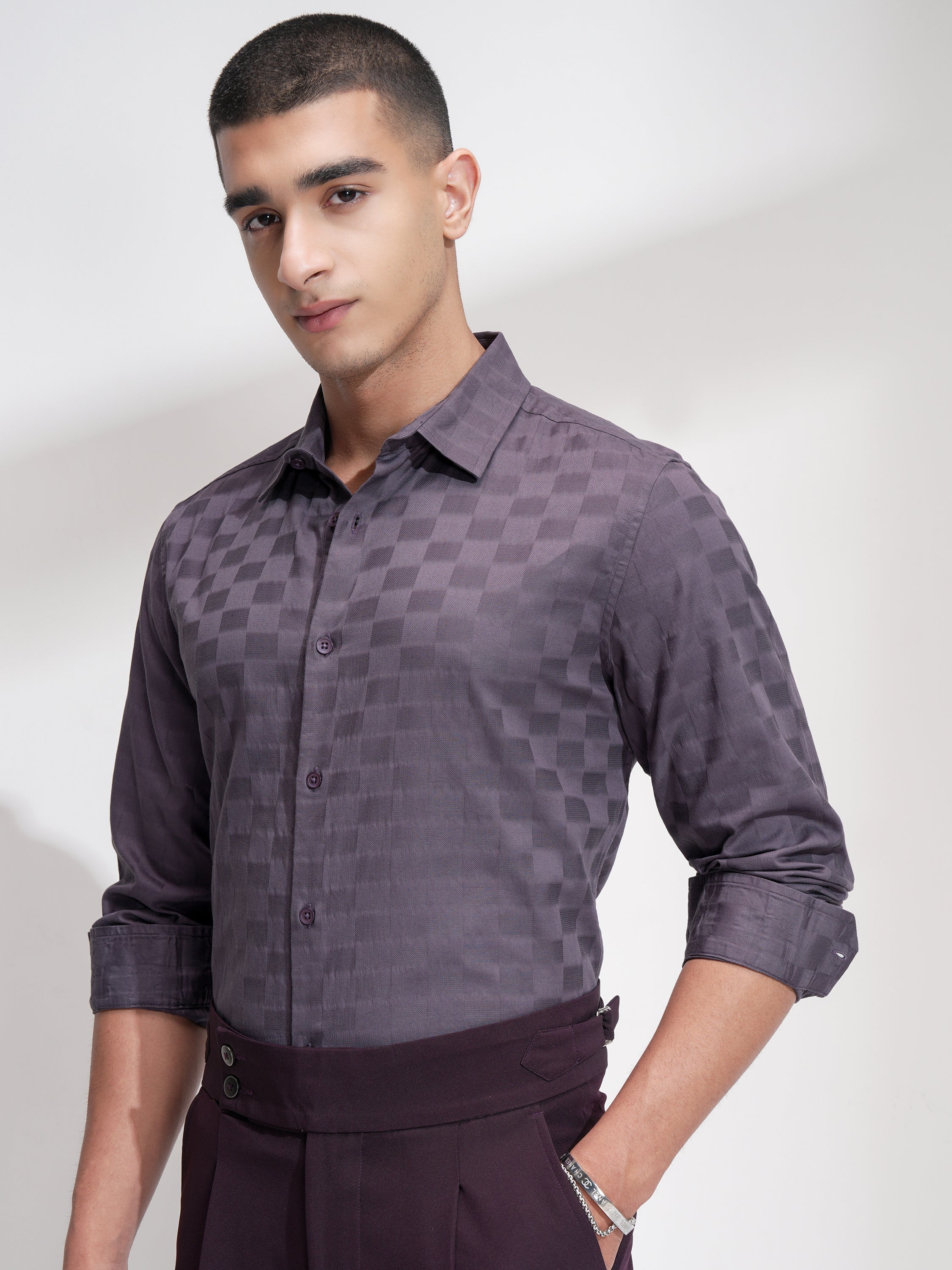Highlander Men Purple Self Design Slim Fit Casual Shirt - Purple - Image 4
