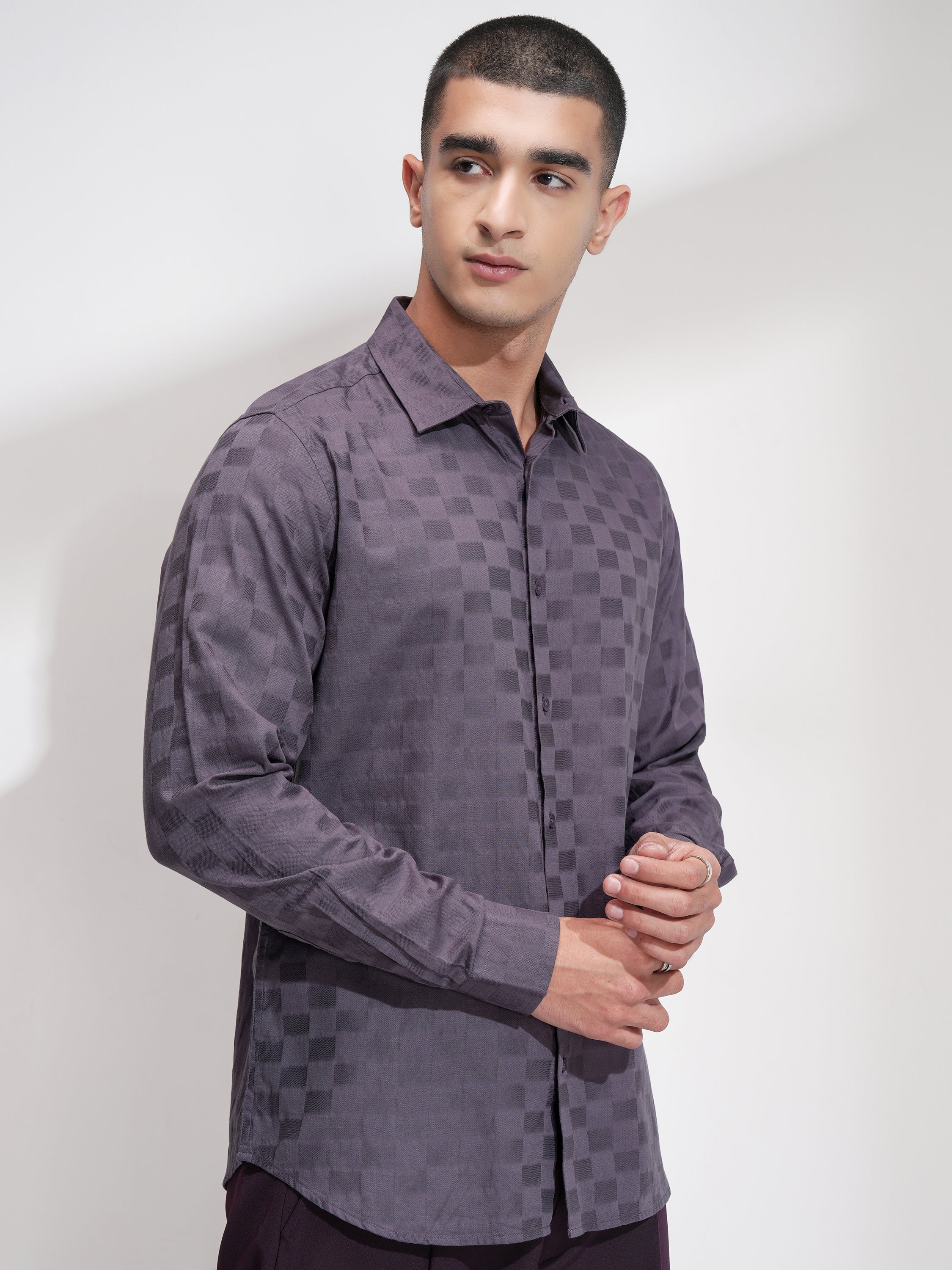 Highlander Men Purple Self Design Slim Fit Casual Shirt - Purple - Image 6