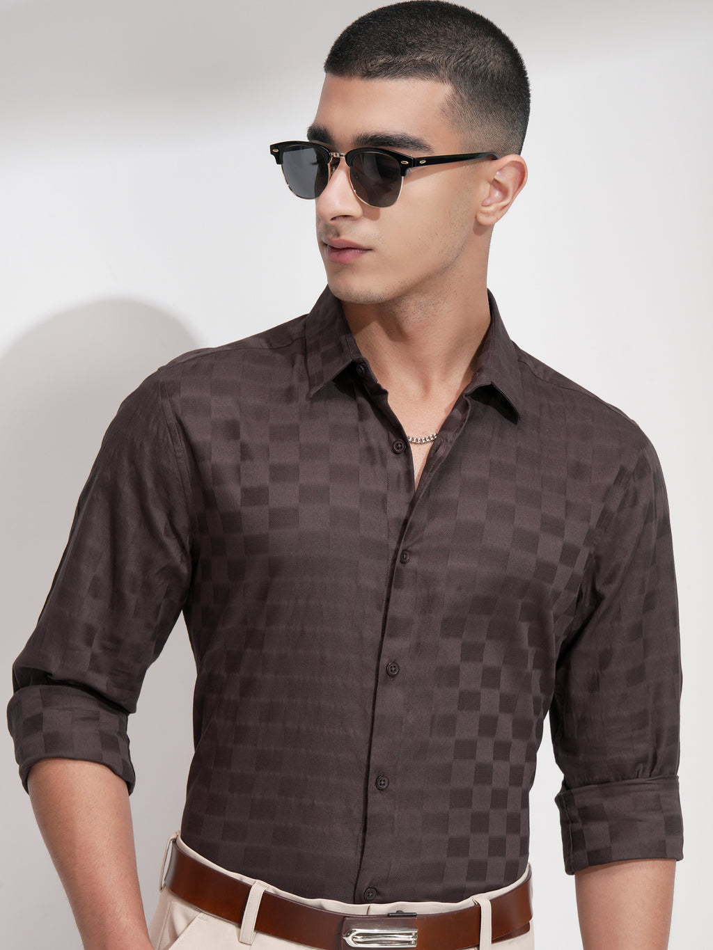 Highlander Men Brown Self Design Slim Fit Casual Shirt - Brown - Image 1