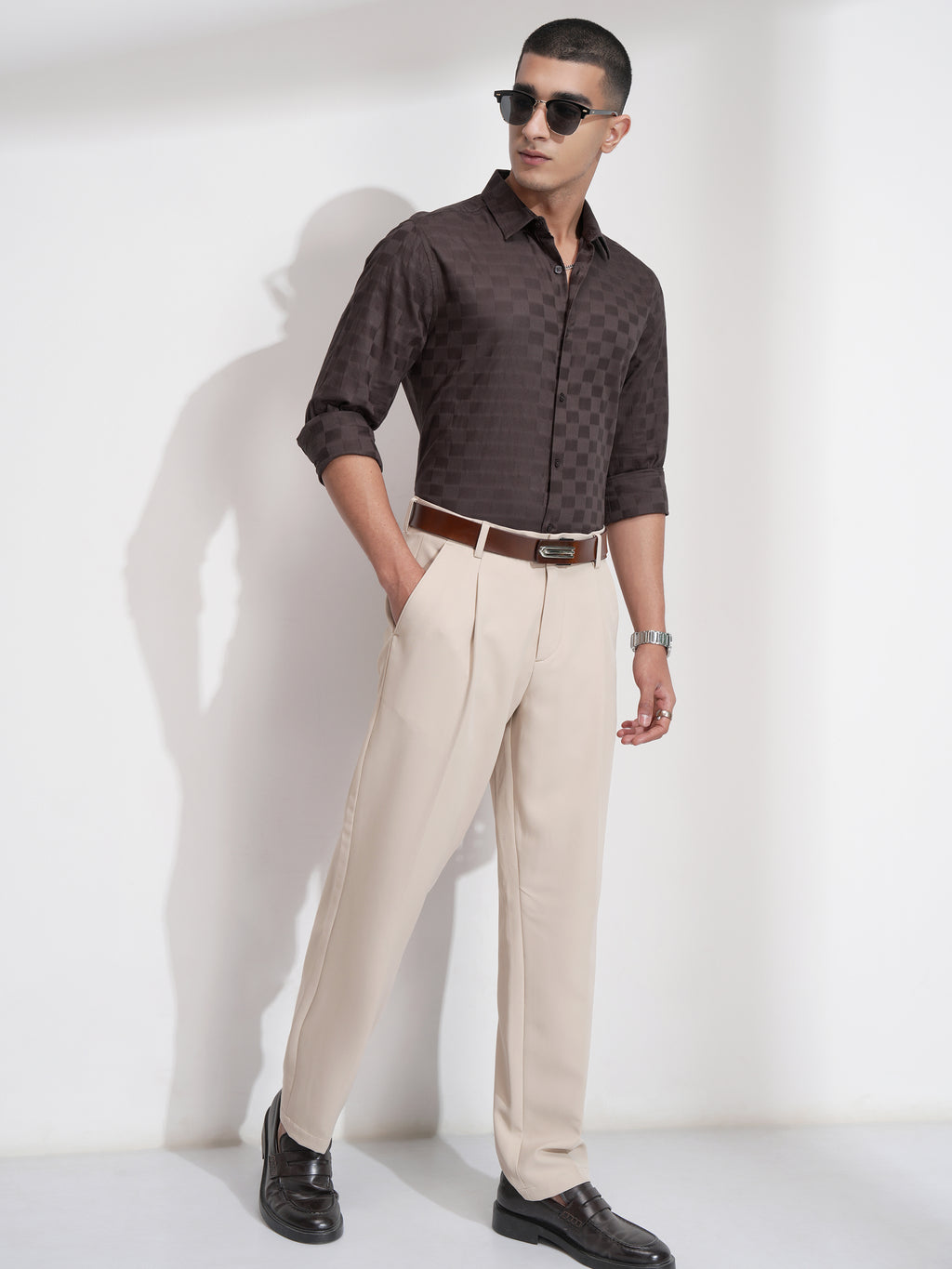 Highlander Men Brown Self Design Slim Fit Casual Shirt - Brown - Image 2