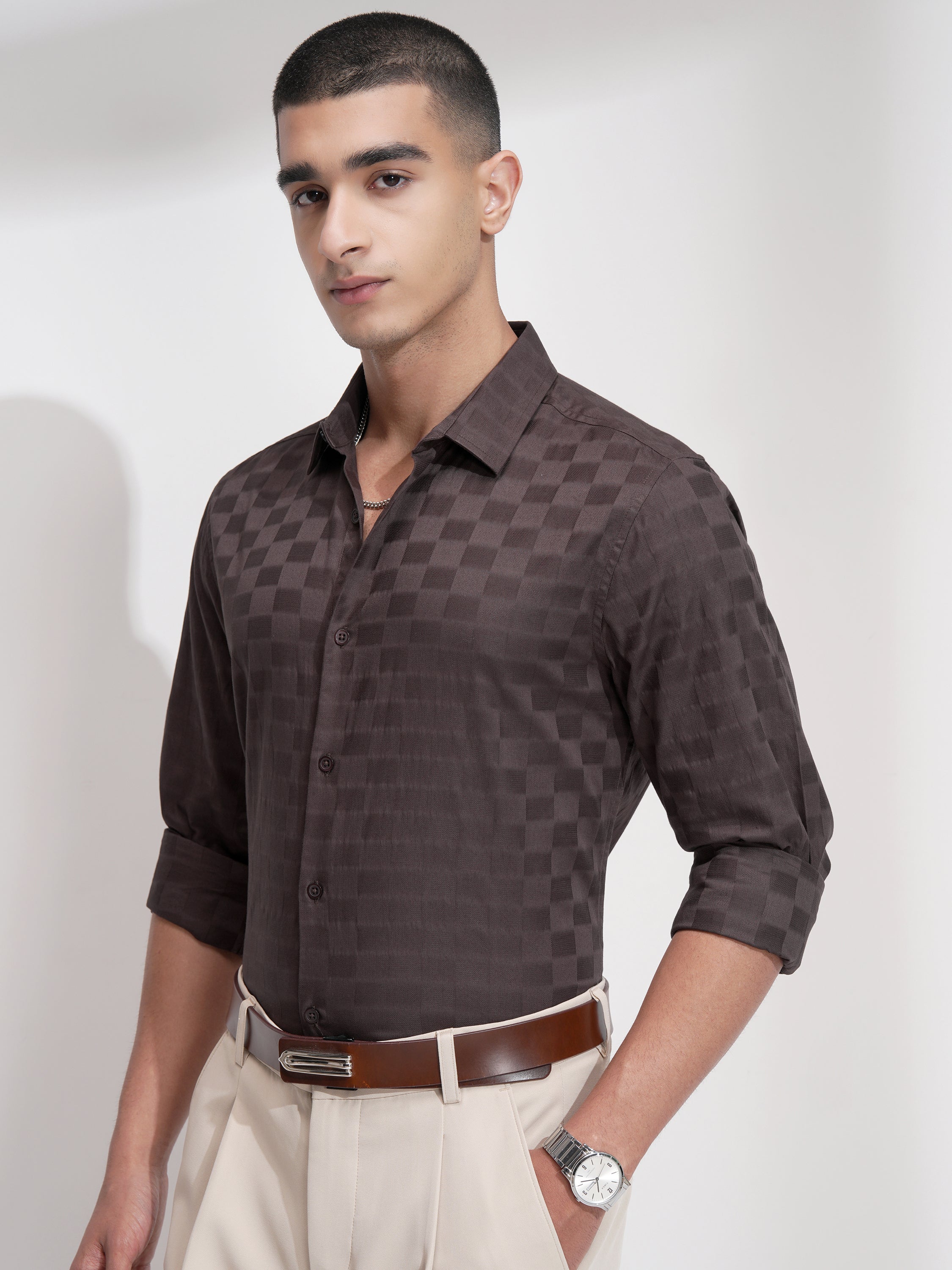 Highlander Men Brown Self Design Slim Fit Casual Shirt - Brown - Image 4