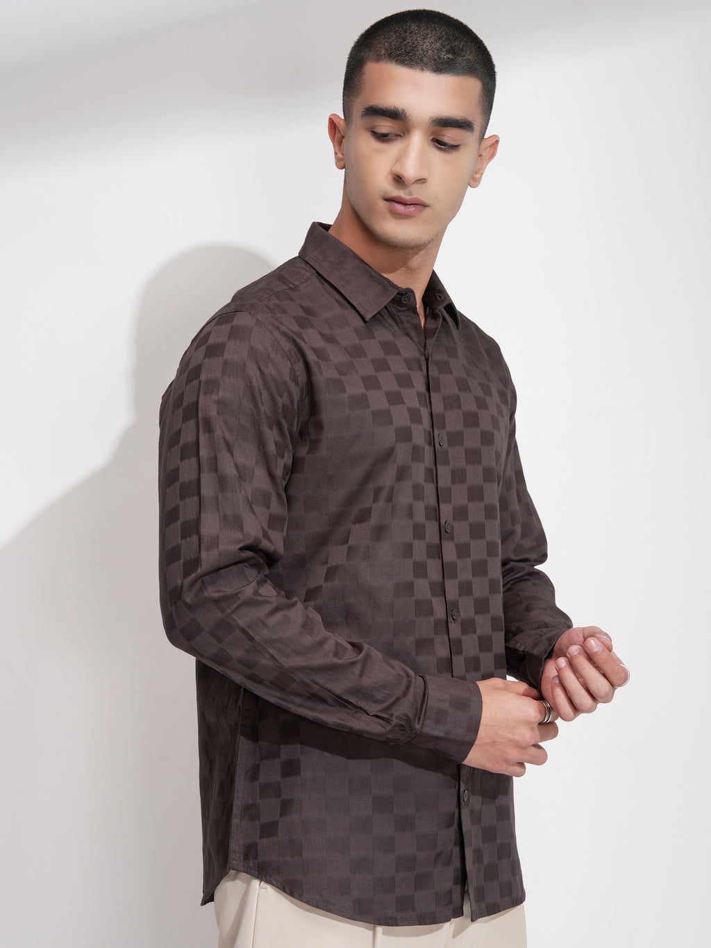 Highlander Men Brown Self Design Slim Fit Casual Shirt - Brown - Image 6