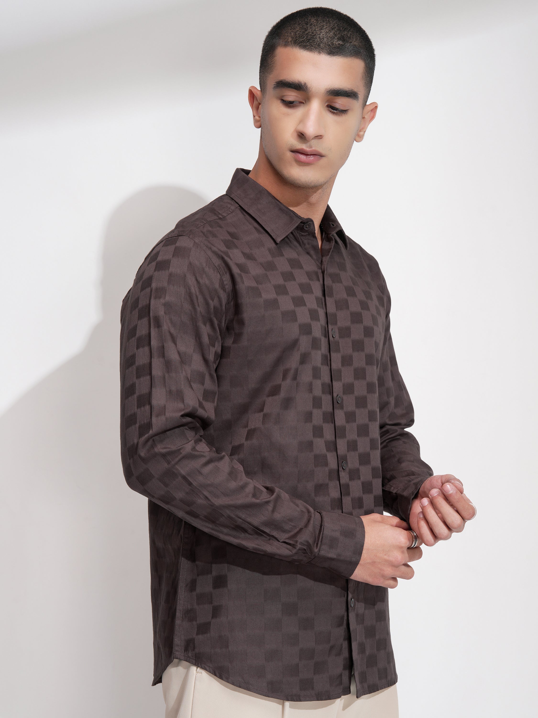 Highlander Men Brown Self Design Slim Fit Casual Shirt - Brown - Image 6