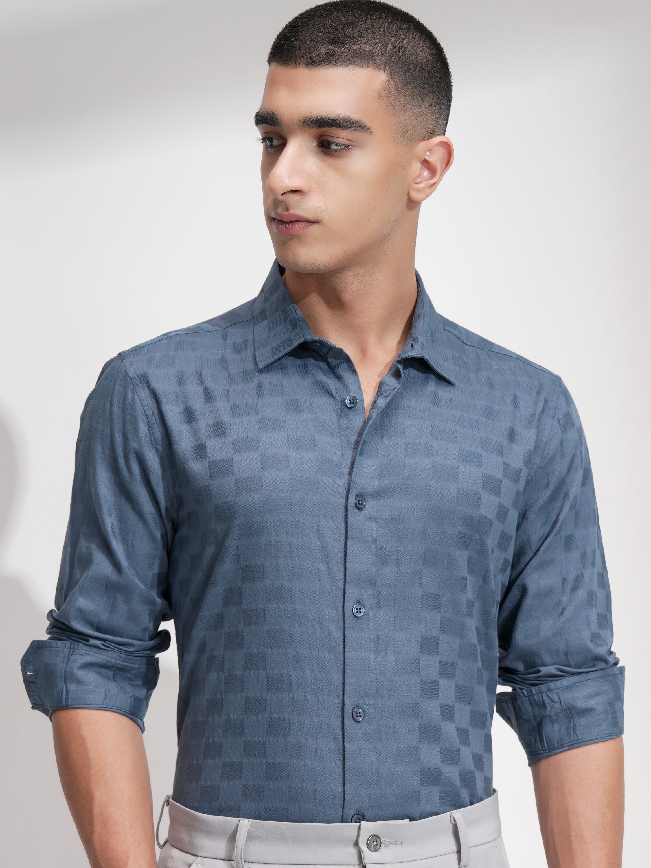 Highlander Men Blue Self Design Slim Fit Casual Shirt - Blue - Image 1