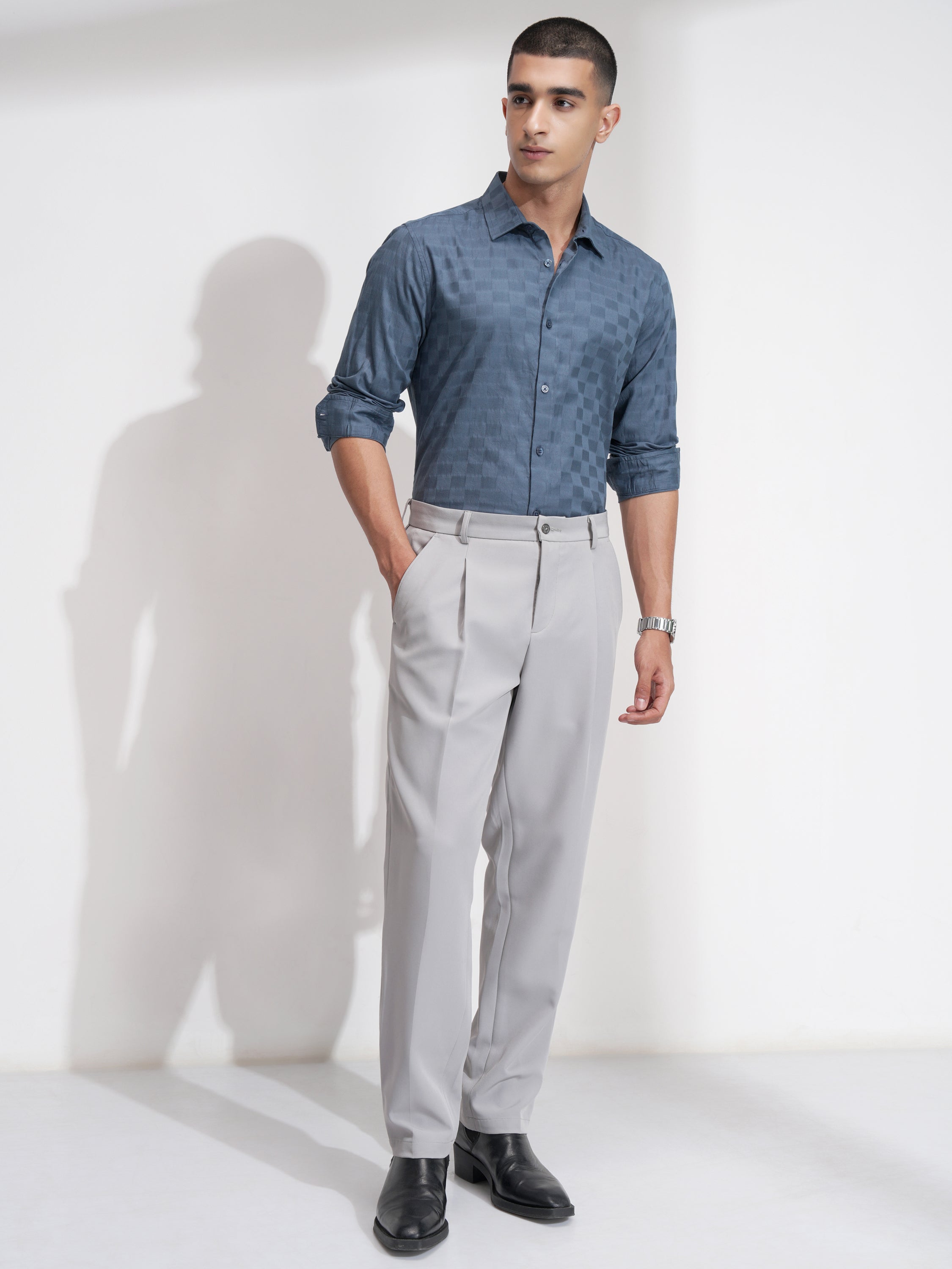 Highlander Men Blue Self Design Slim Fit Casual Shirt - Blue - Image 2