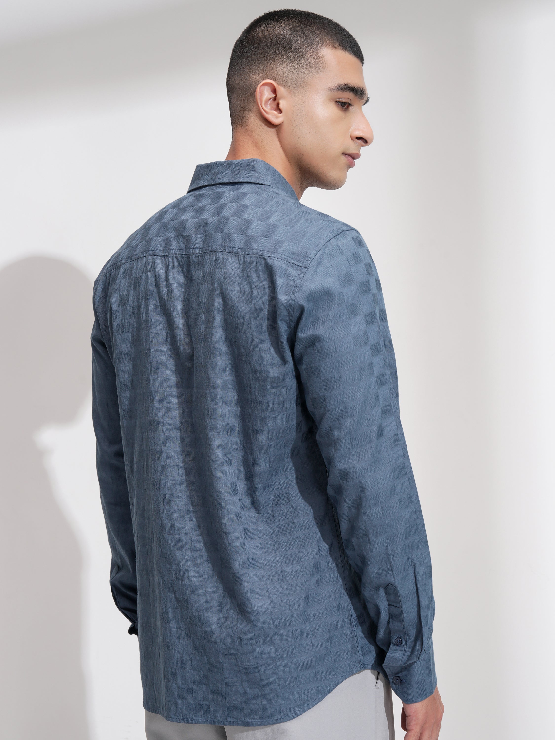 Highlander Men Blue Self Design Slim Fit Casual Shirt - Blue - Image 3