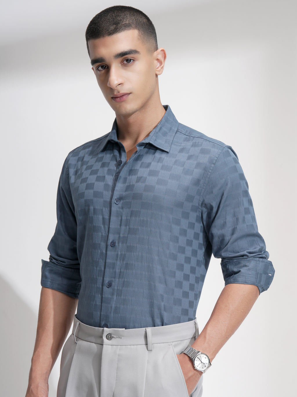Highlander Men Blue Self Design Slim Fit Casual Shirt - Blue - Image 4