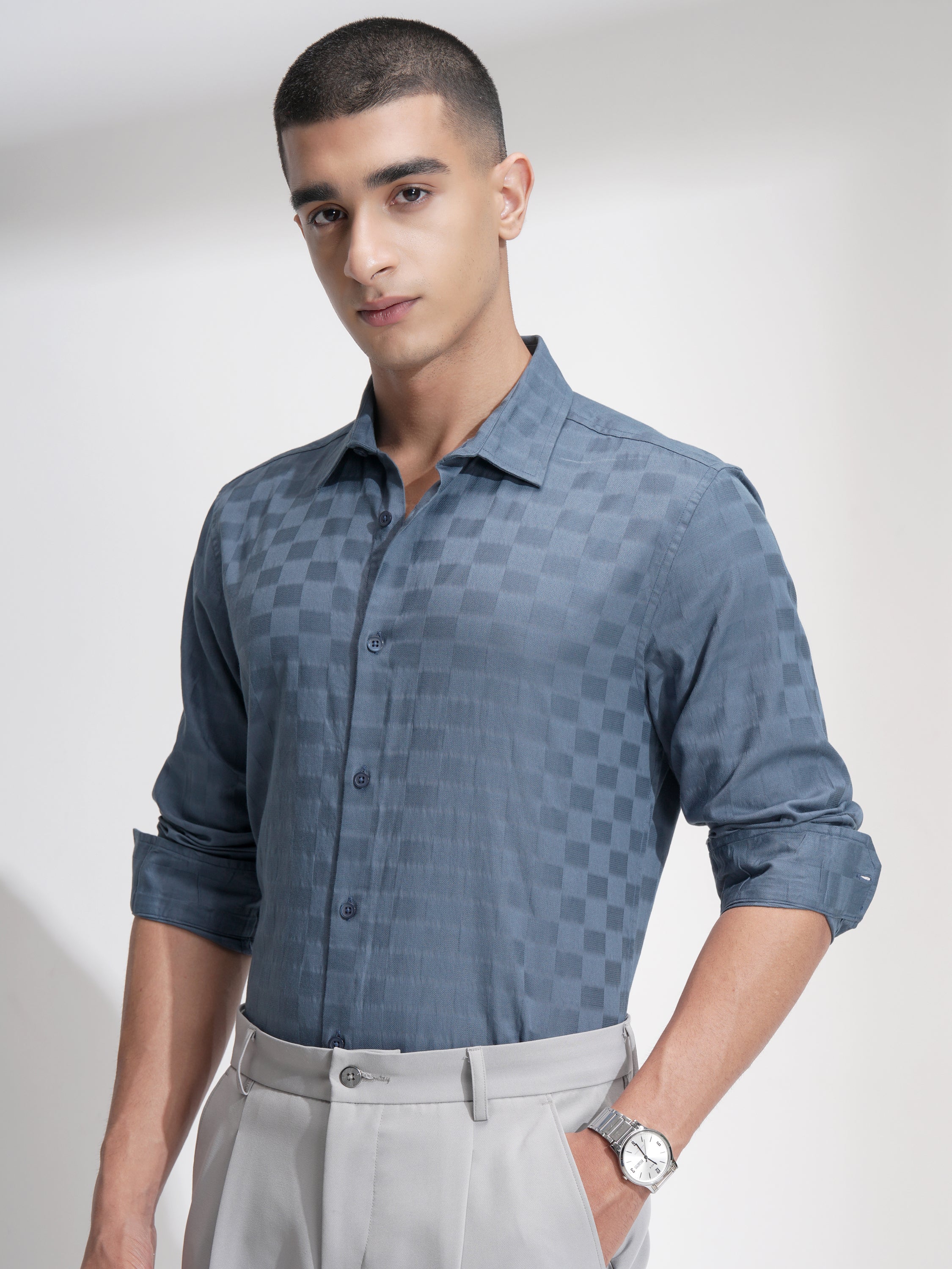 Highlander Men Blue Self Design Slim Fit Casual Shirt - Blue - Image 4