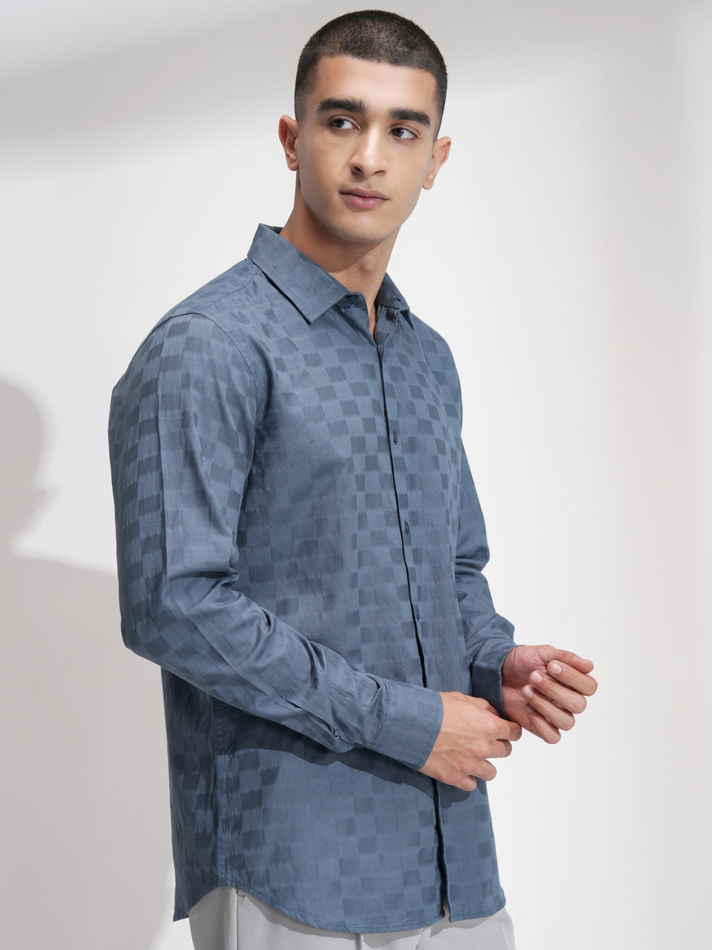Highlander Men Blue Self Design Slim Fit Casual Shirt - Blue - Image 6