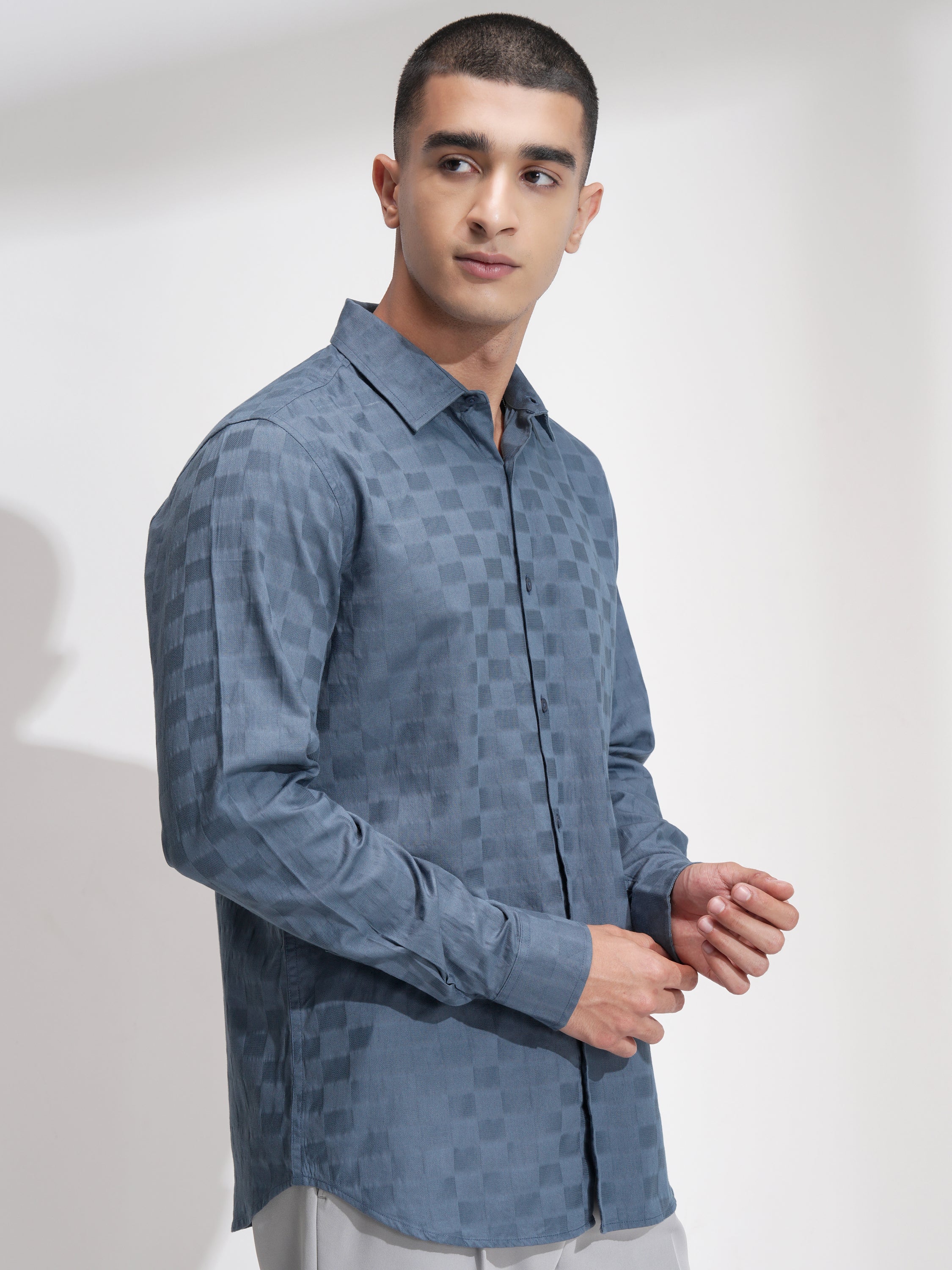 Highlander Men Blue Self Design Slim Fit Casual Shirt - Blue - Image 6