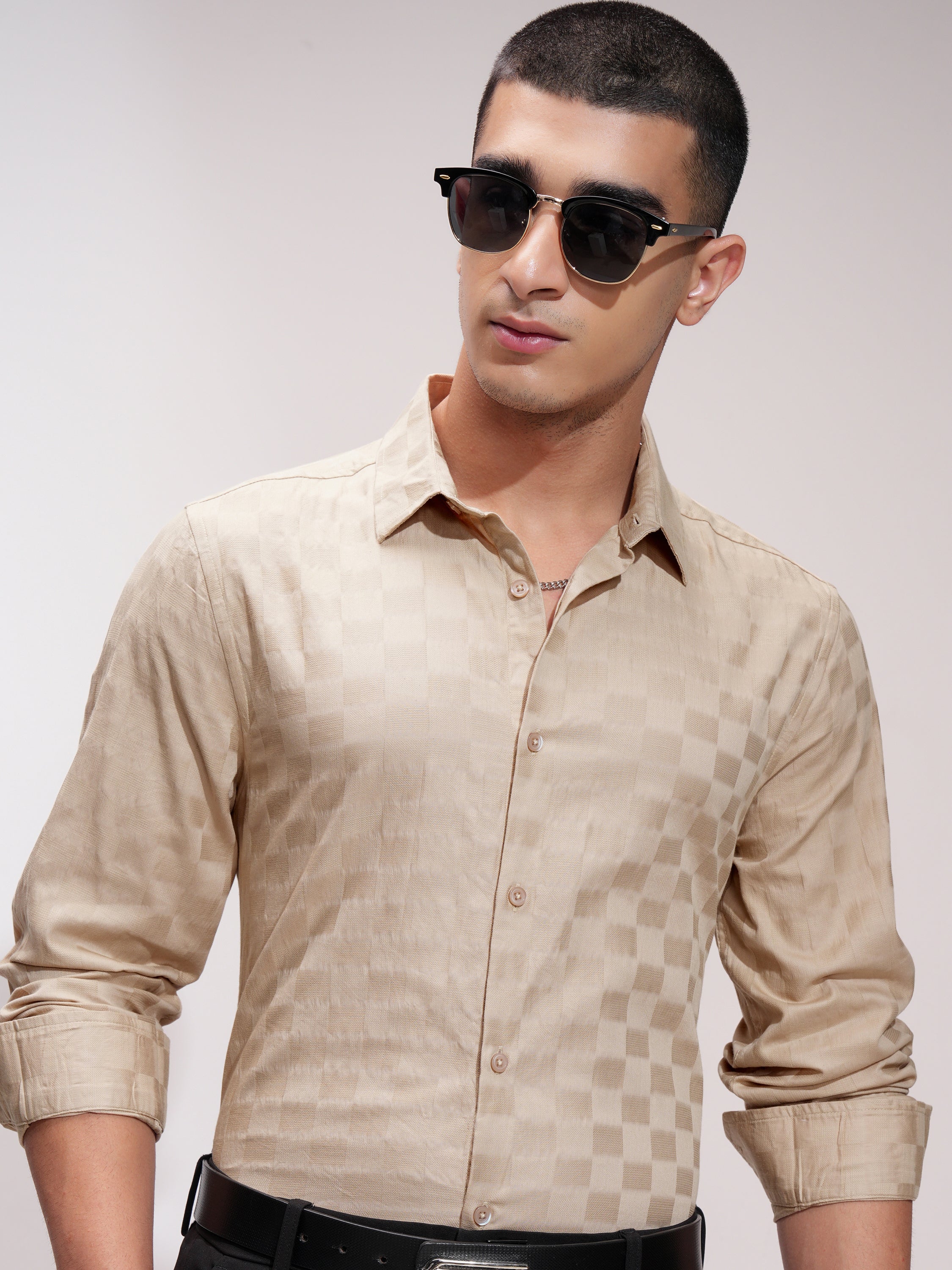 Highlander Men Beige Self Design Slim Fit Casual Shirt - Beige - Image 1