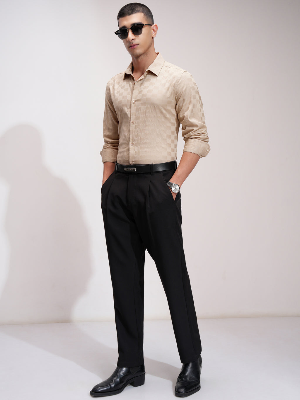 Highlander Men Beige Self Design Slim Fit Casual Shirt - Beige - Image 2