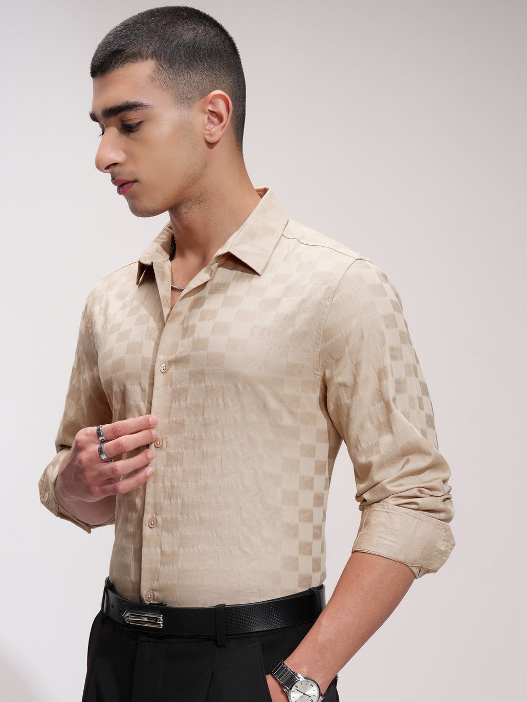 Highlander Men Beige Self Design Slim Fit Casual Shirt - Beige - Image 4