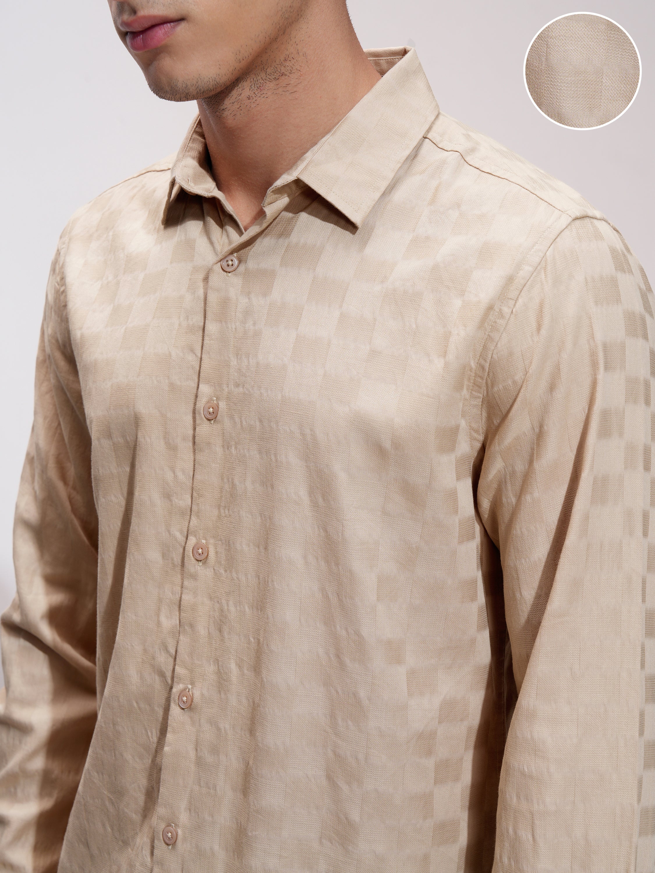 Highlander Men Beige Self Design Slim Fit Casual Shirt - Beige - Image 5