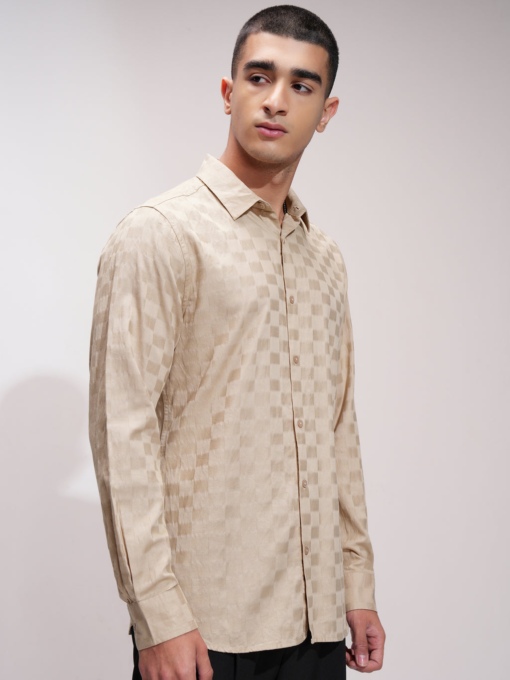 Highlander Men Beige Self Design Slim Fit Casual Shirt - Beige - Image 6