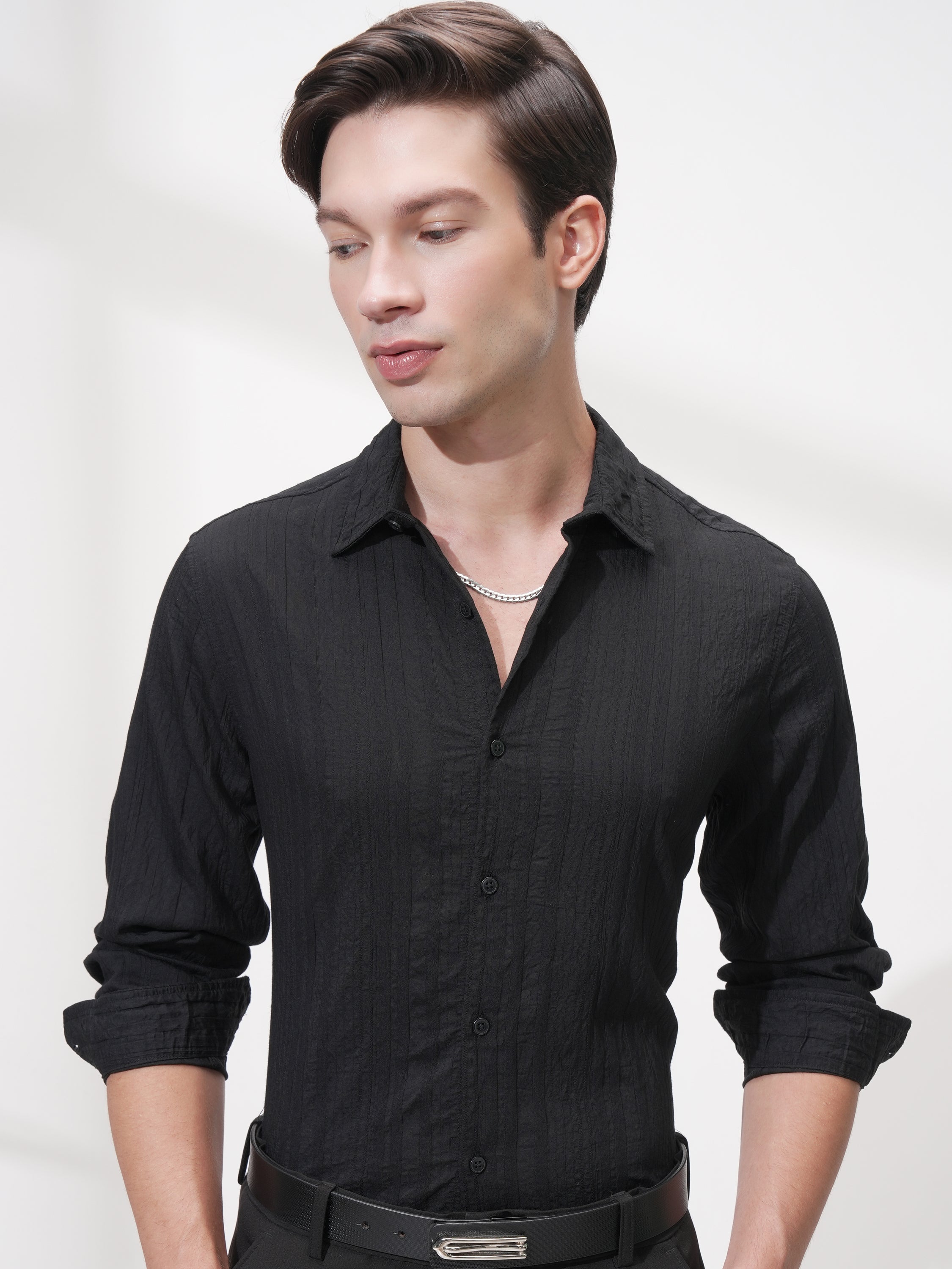 Highlander Men Black Striped Slim Fit Casual Shirt - Black - Image 1