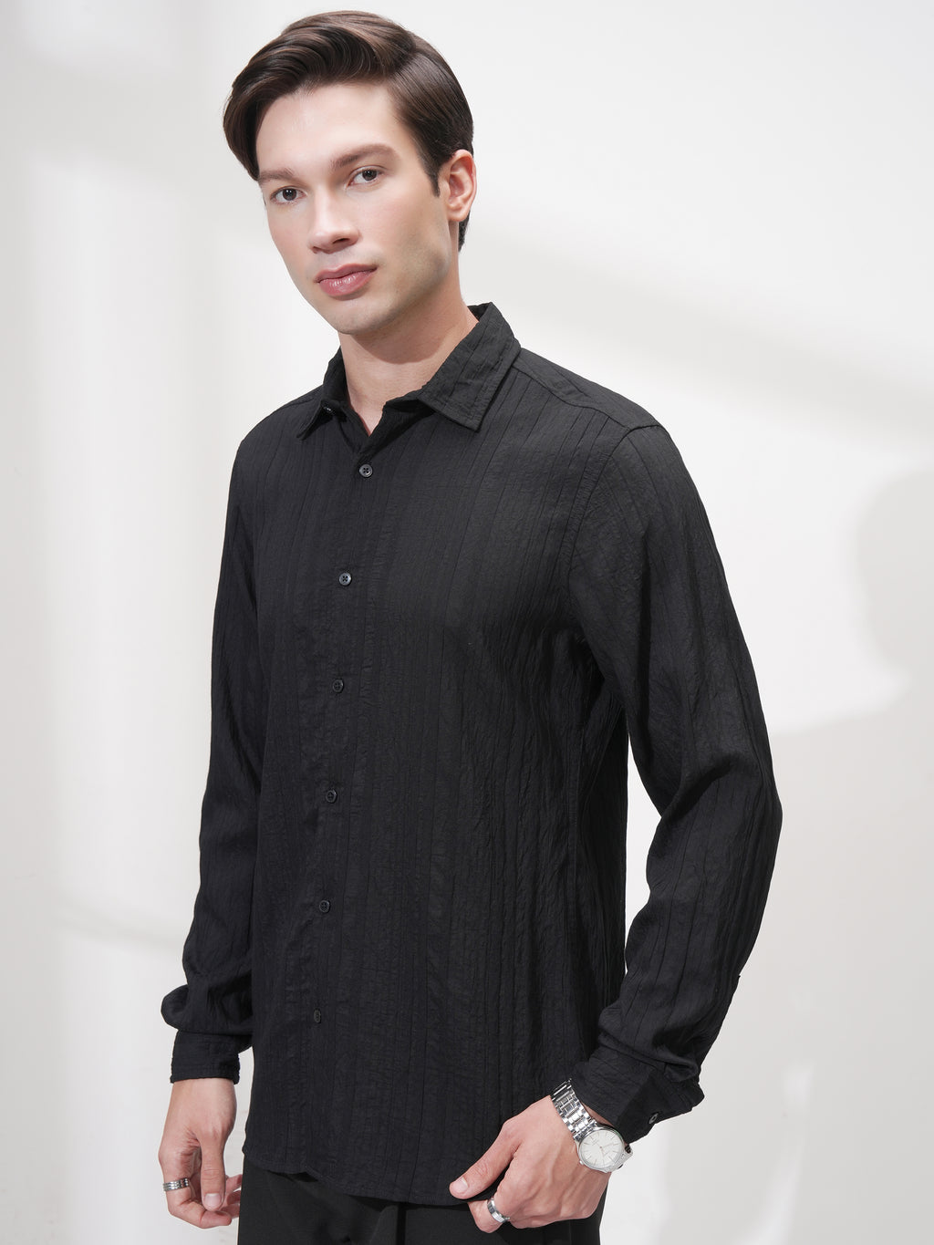 Highlander Men Black Striped Slim Fit Casual Shirt - Black - Image 4