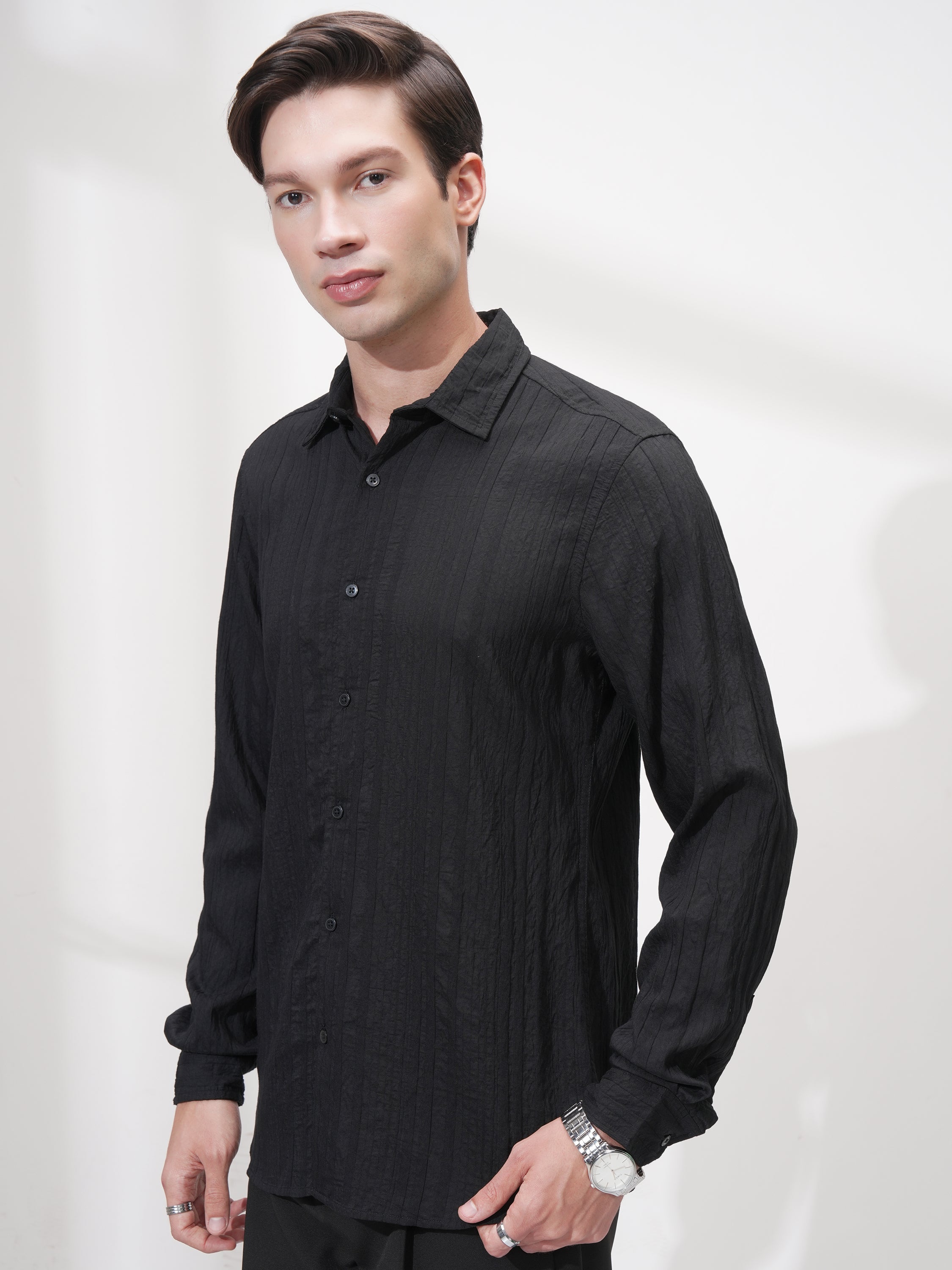 Highlander Men Black Striped Slim Fit Casual Shirt - Black - Image 4