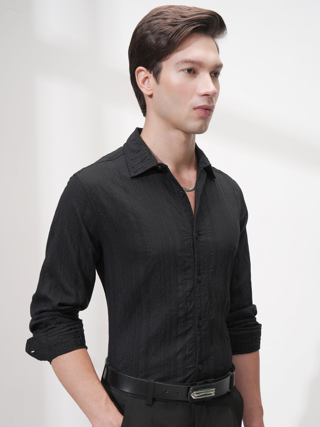 Highlander Men Black Striped Slim Fit Casual Shirt - Black - Image 6