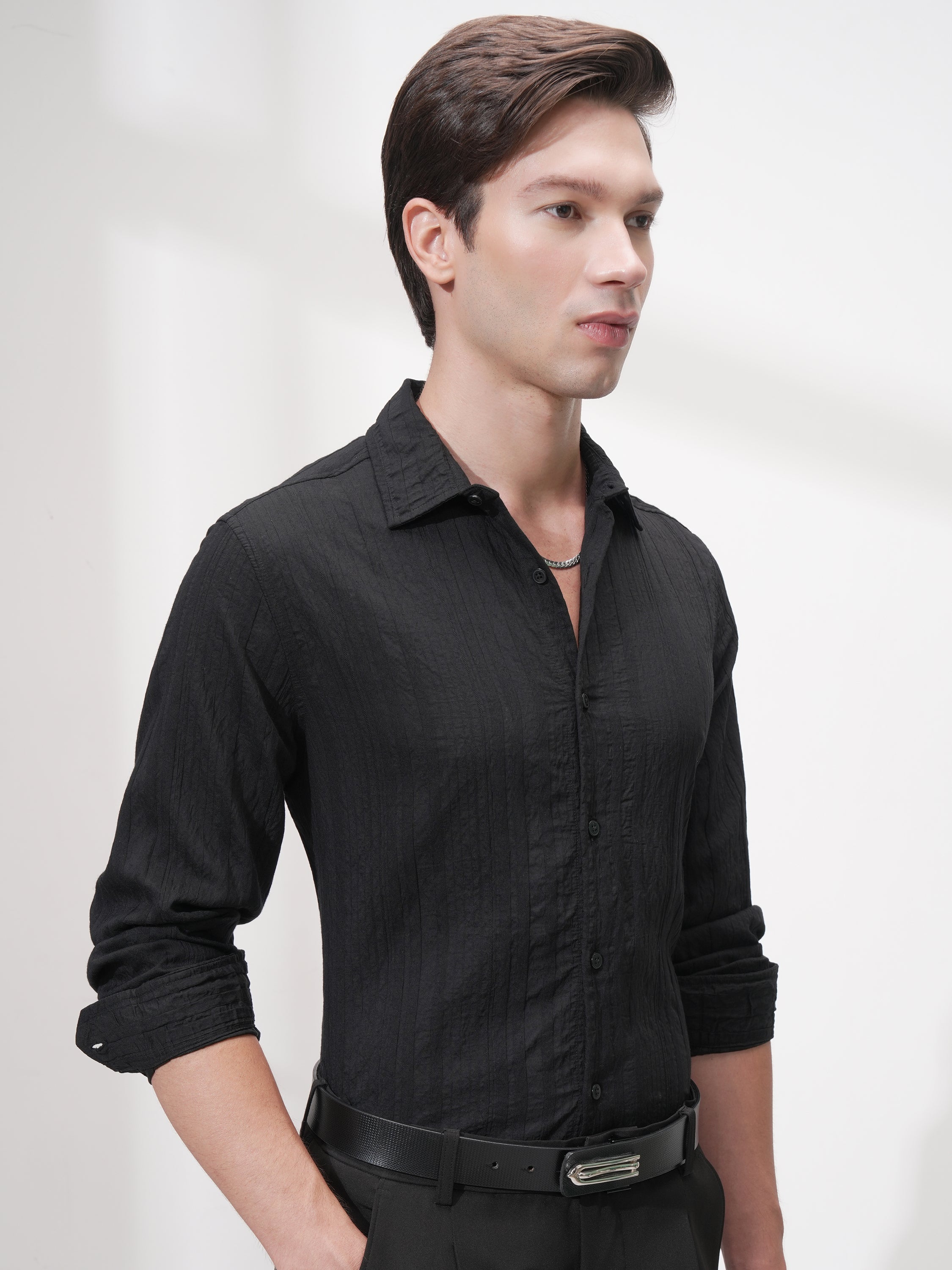 Highlander Men Black Striped Slim Fit Casual Shirt - Black - Image 6