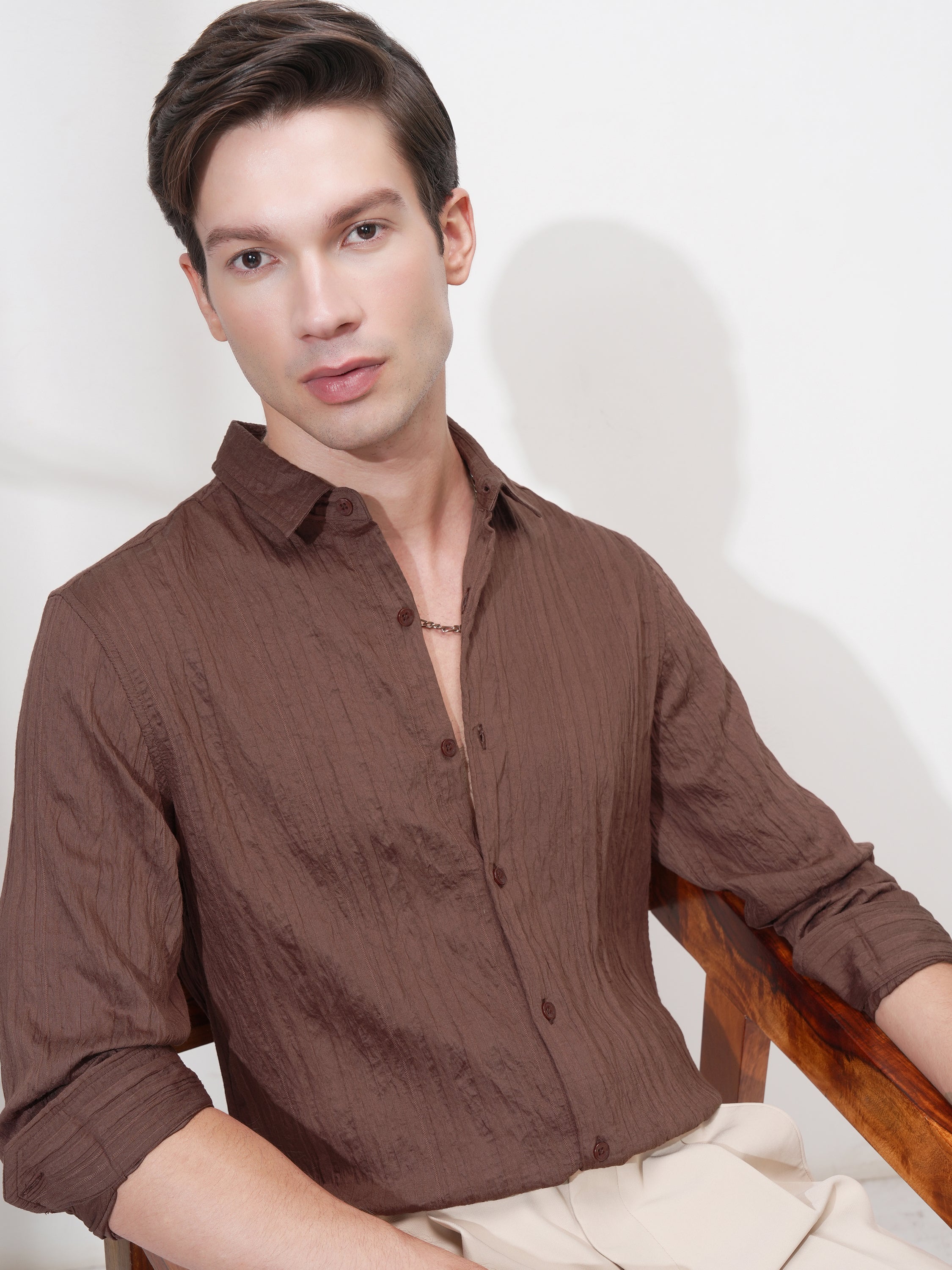 Highlander Men Brown Striped Slim Fit Casual Shirt - Brown - Image 1