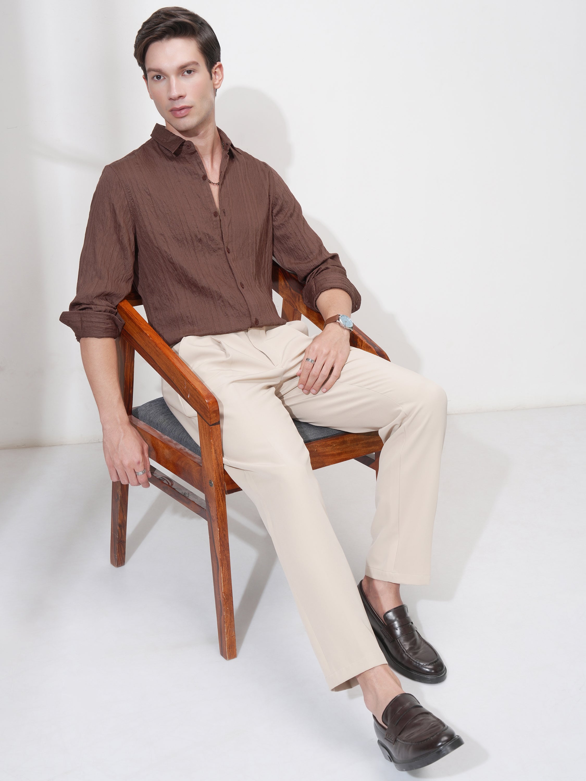 Highlander Men Brown Striped Slim Fit Casual Shirt - Brown - Image 2