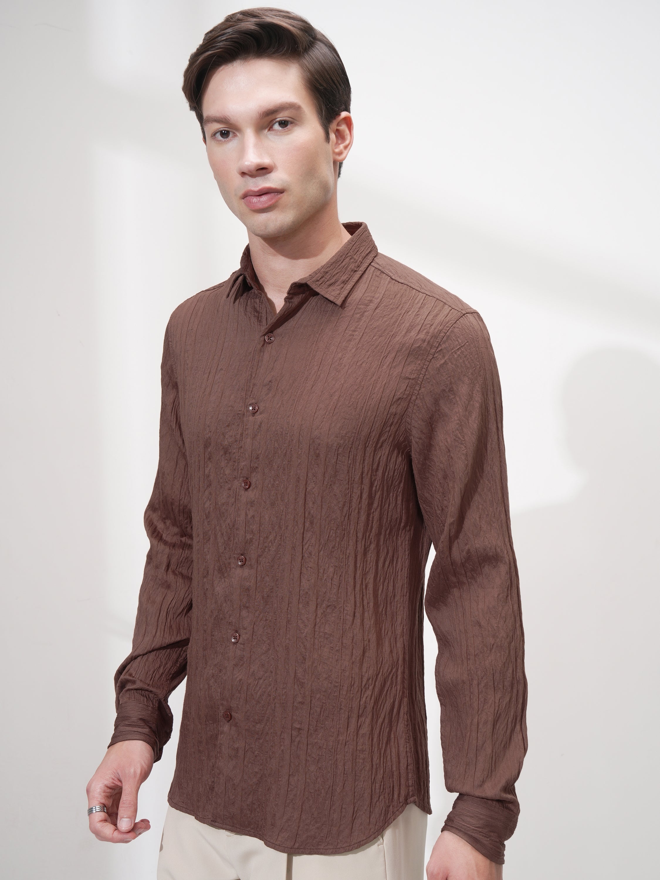 Highlander Men Brown Striped Slim Fit Casual Shirt - Brown - Image 4