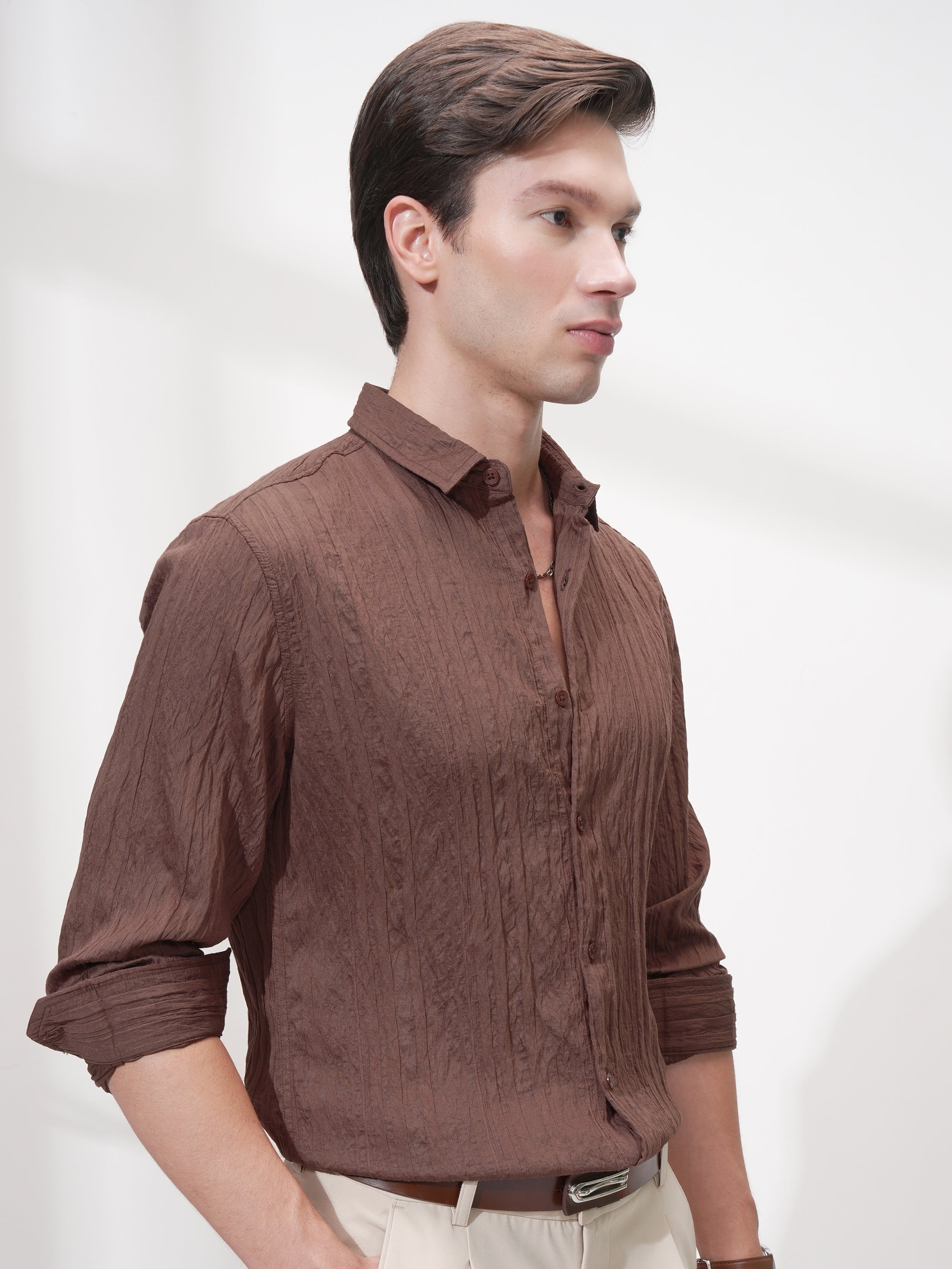 Highlander Men Brown Striped Slim Fit Casual Shirt - Brown - Image 6