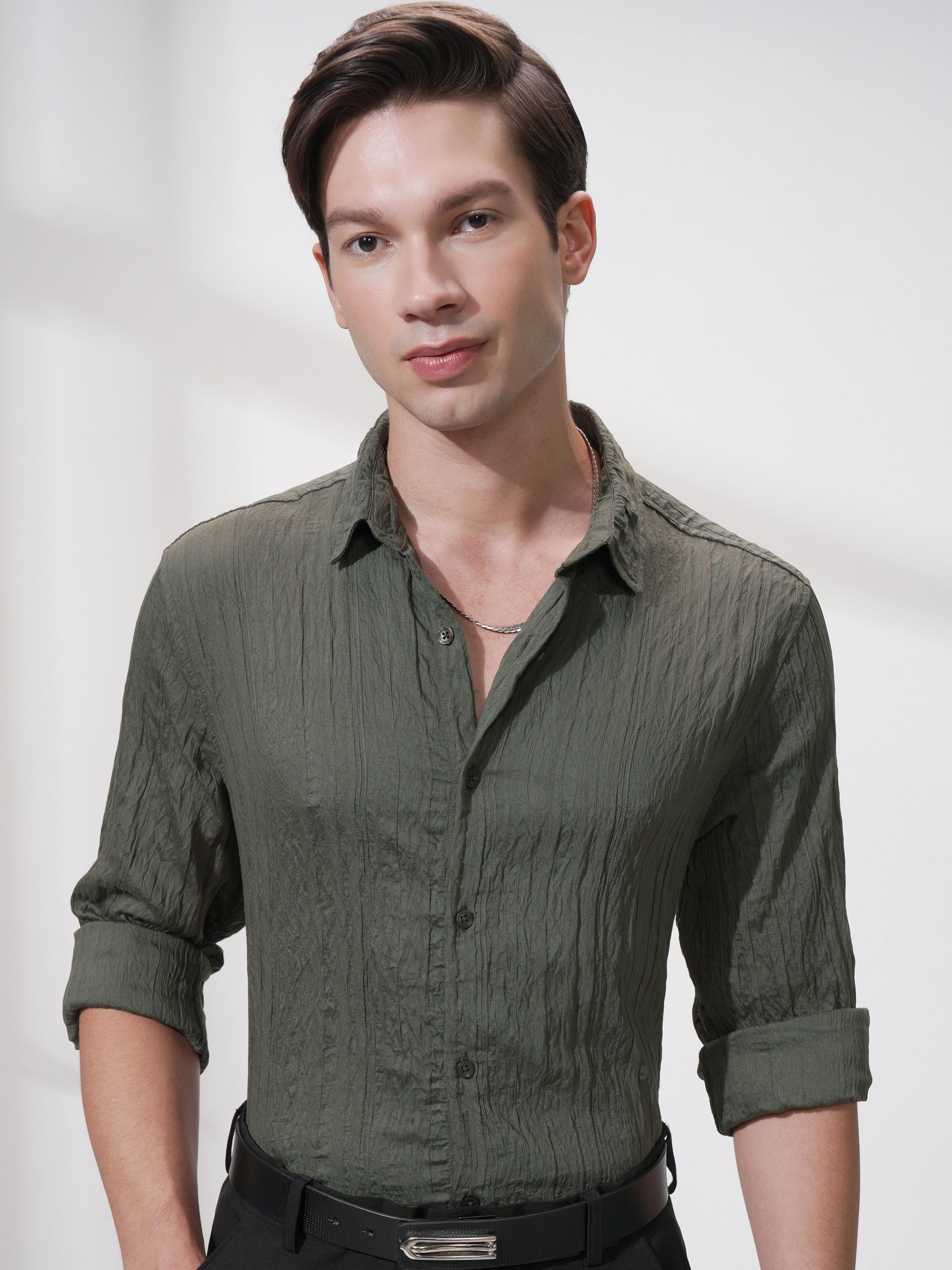 Highlander Men Olive Striped Slim Fit Casual Shirt - Olive - Image 1