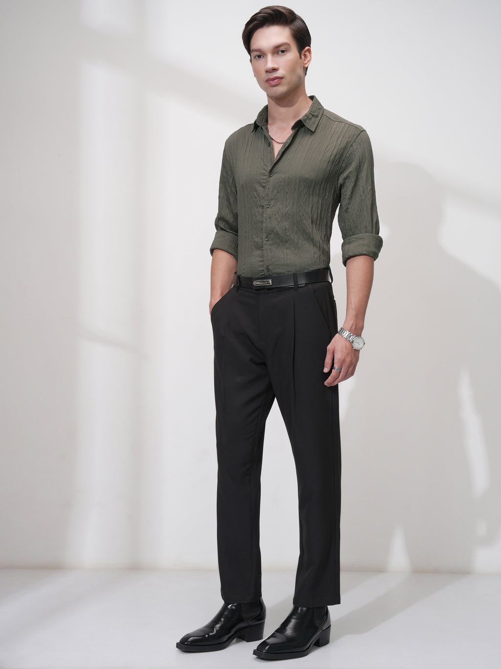 Highlander Men Olive Striped Slim Fit Casual Shirt - Olive - Image 2