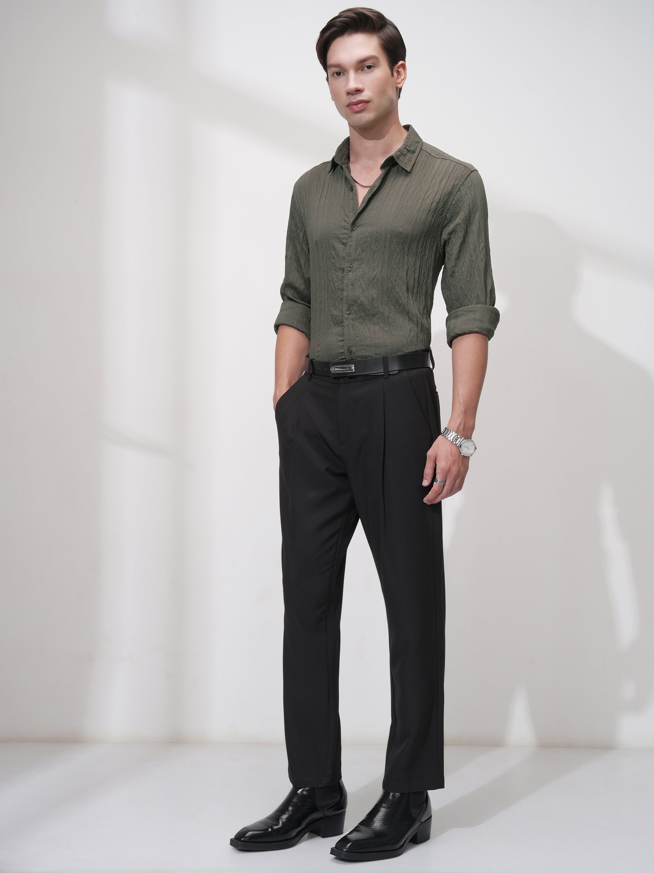Highlander Men Olive Striped Slim Fit Casual Shirt - Olive - Image 2