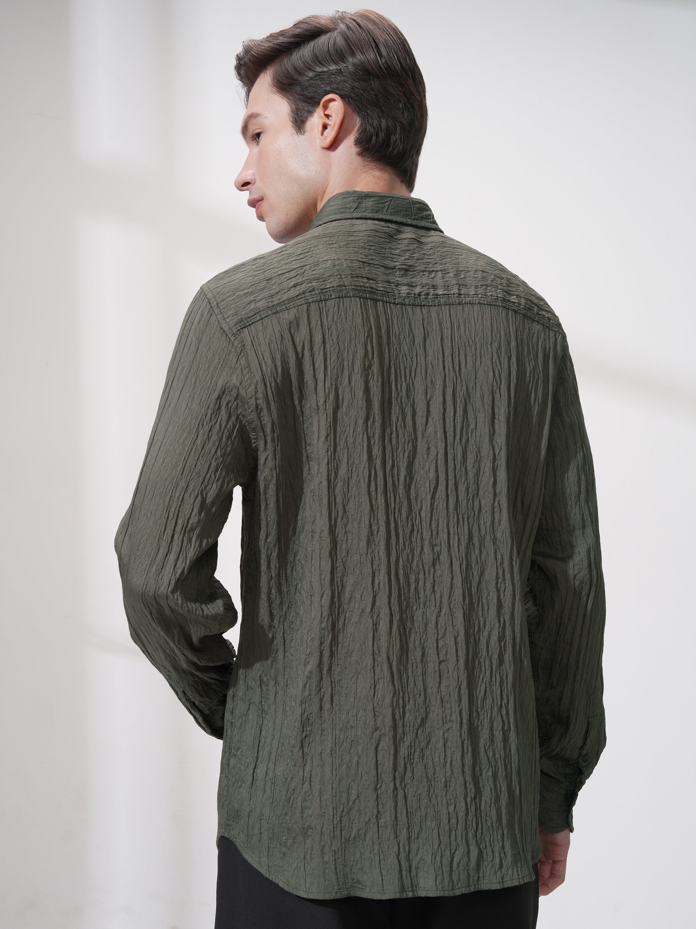 Highlander Men Olive Striped Slim Fit Casual Shirt - Olive - Image 3