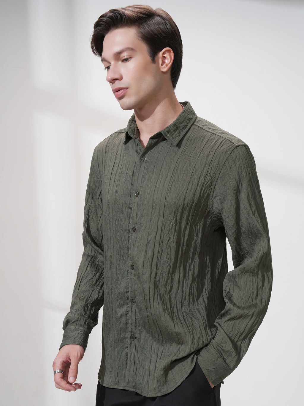 Highlander Men Olive Striped Slim Fit Casual Shirt - Olive - Image 4