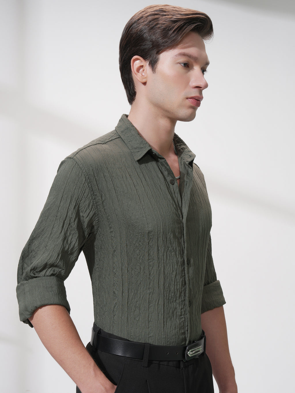 Highlander Men Olive Striped Slim Fit Casual Shirt - Olive - Image 6