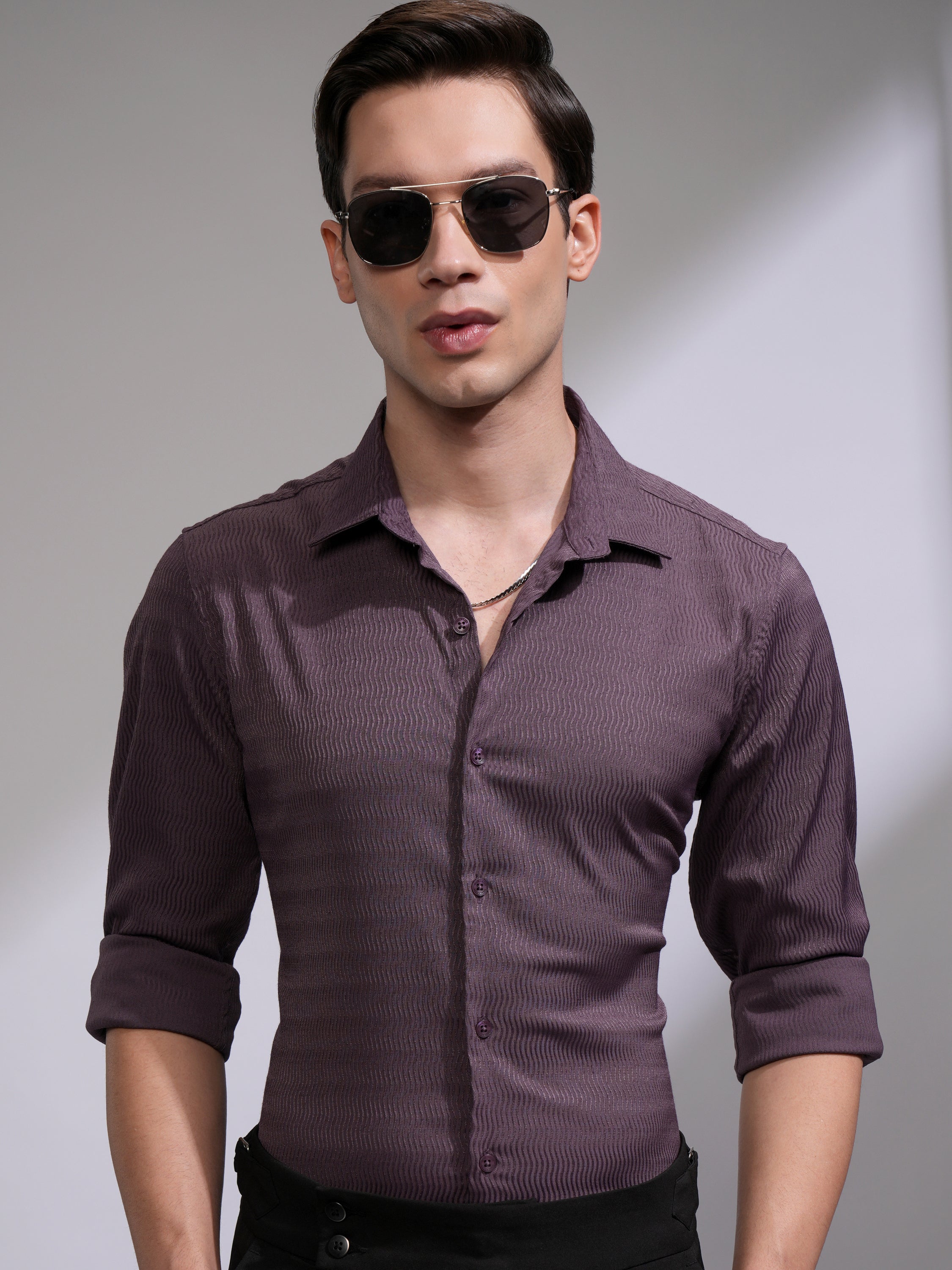 Highlander Men Purple Self Design Slim Fit Casual Shirt - Purple - Image 1