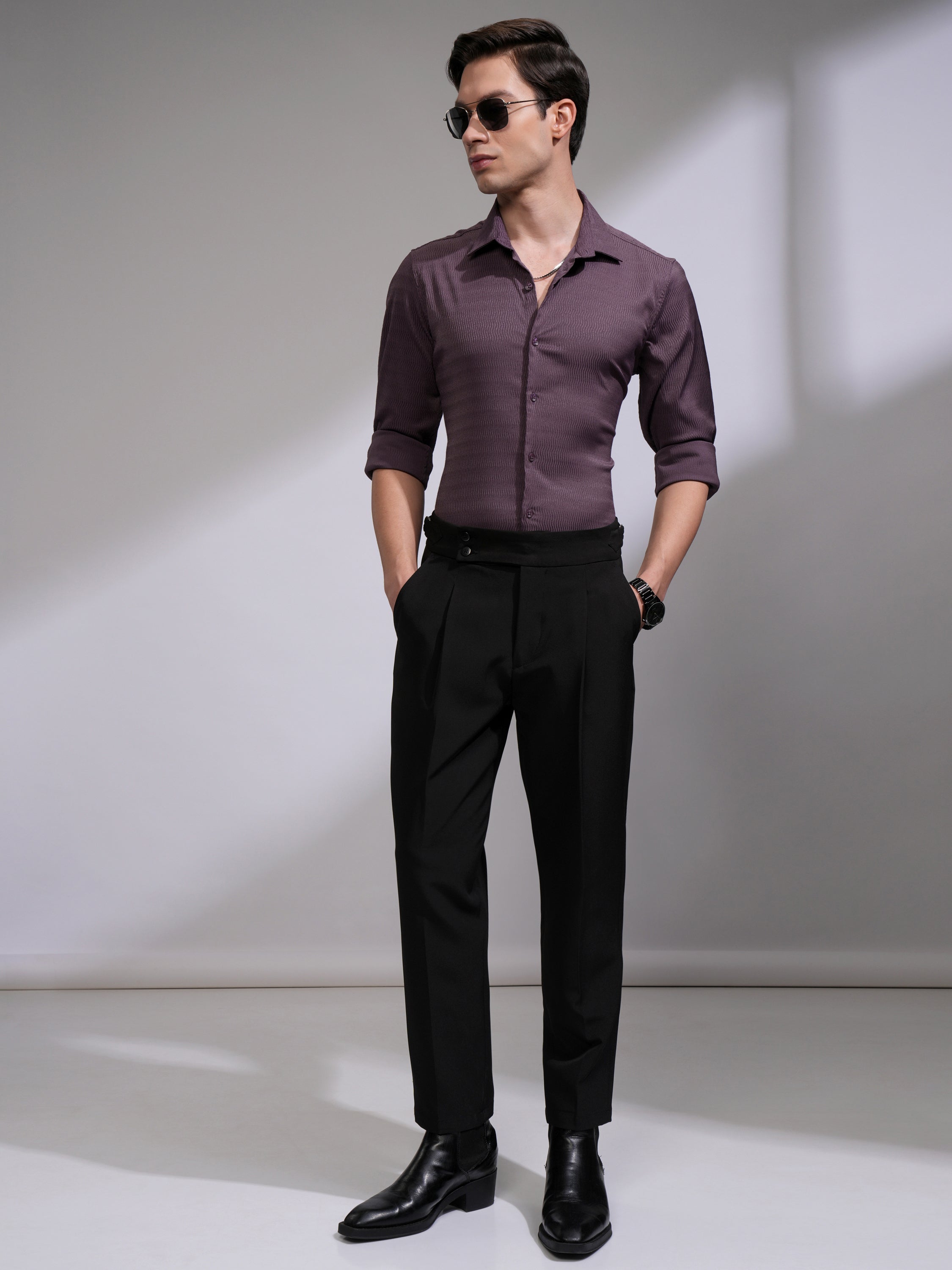 Highlander Men Purple Self Design Slim Fit Casual Shirt - Purple - Image 2