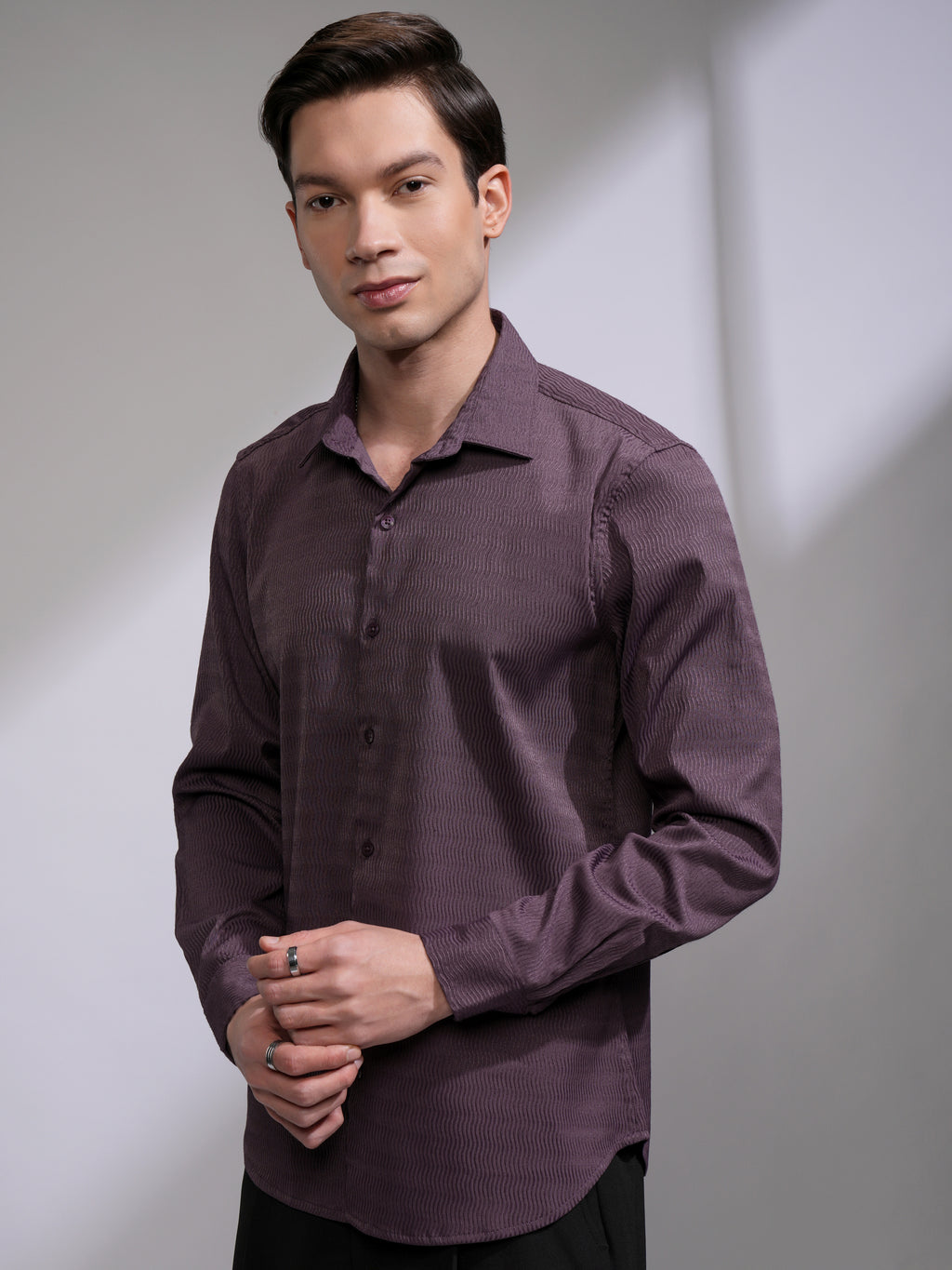 Highlander Men Purple Self Design Slim Fit Casual Shirt - Purple - Image 4