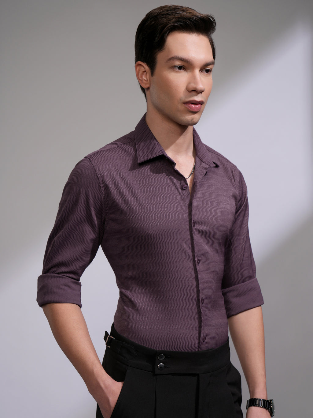Highlander Men Purple Self Design Slim Fit Casual Shirt - Purple - Image 6