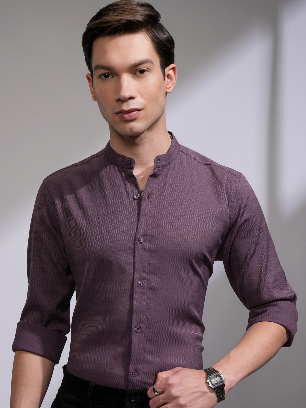 Highlander Men Purple Self Design Slim Fit Casual Shirt - Purple - Image 1