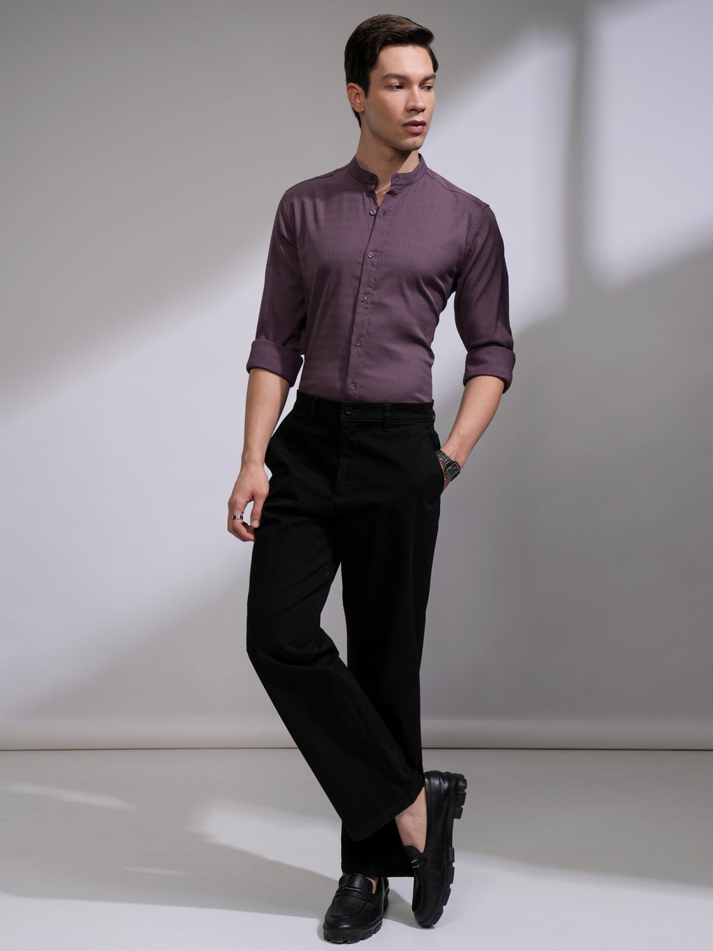 Highlander Men Purple Self Design Slim Fit Casual Shirt - Purple - Image 2