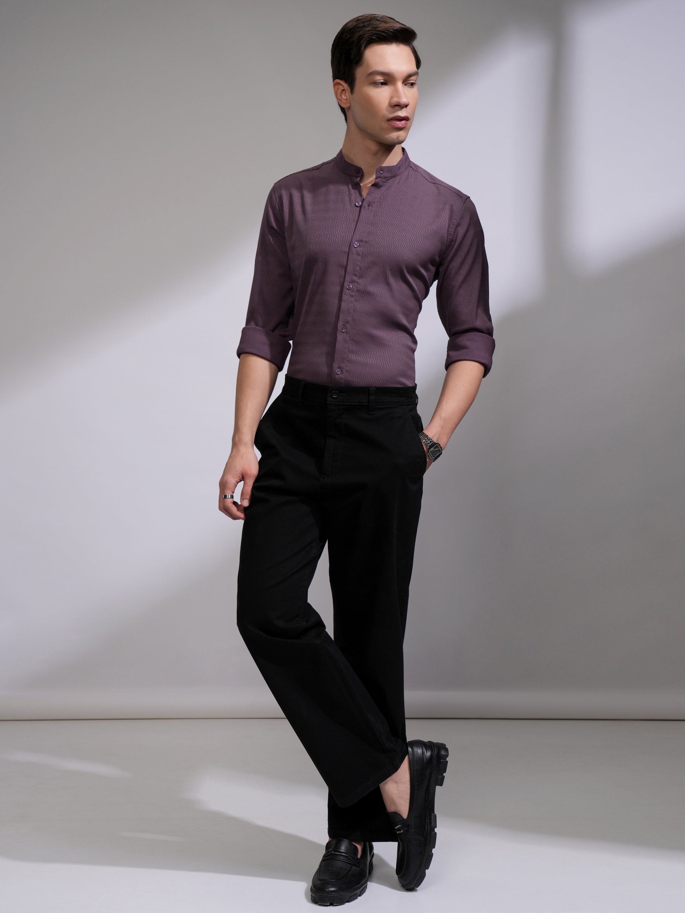 Highlander Men Purple Self Design Slim Fit Casual Shirt - Purple - Image 2