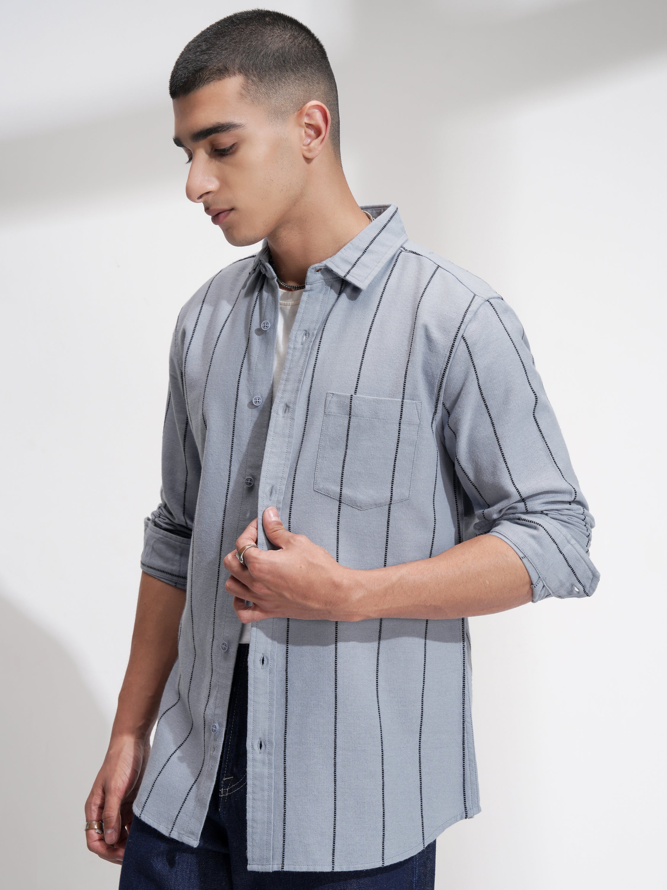 Highlander Men Blue Striped Slim Fit Casual Shirt - Blue - Image 4