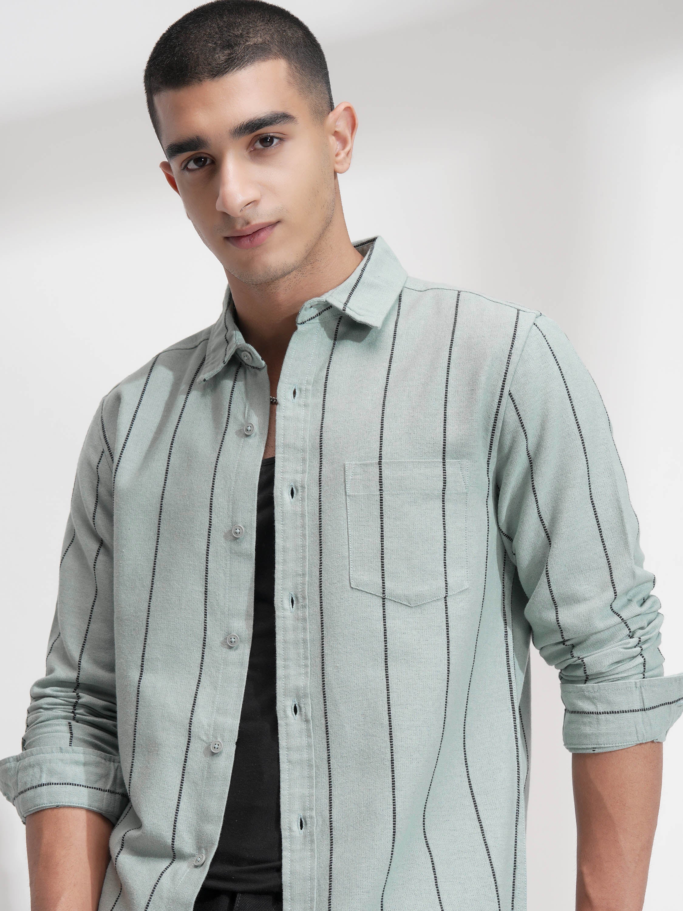 Highlander Men Green Striped Slim Fit Casual Shirt - Green - Image 1