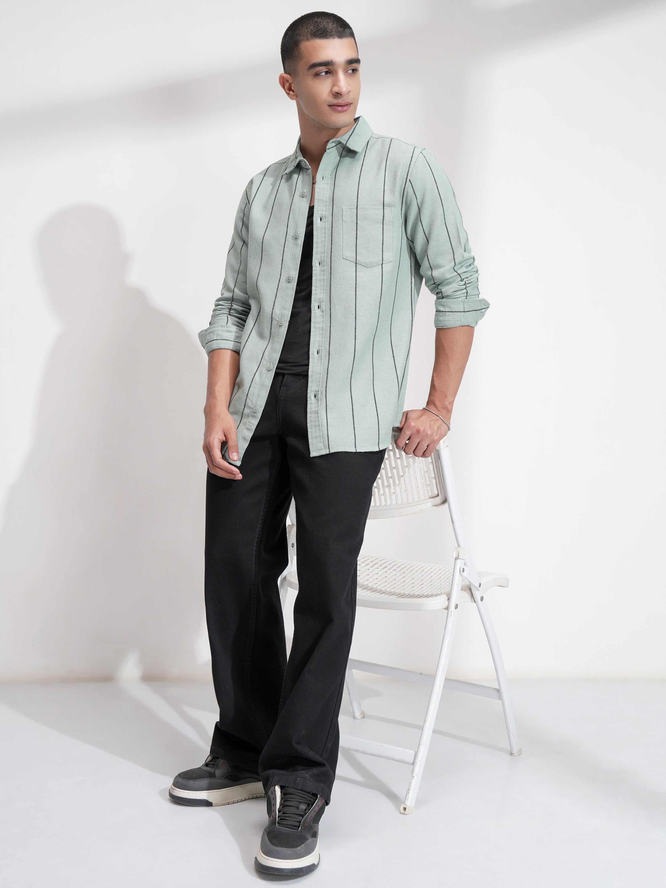 Highlander Men Green Striped Slim Fit Casual Shirt - Green - Image 2