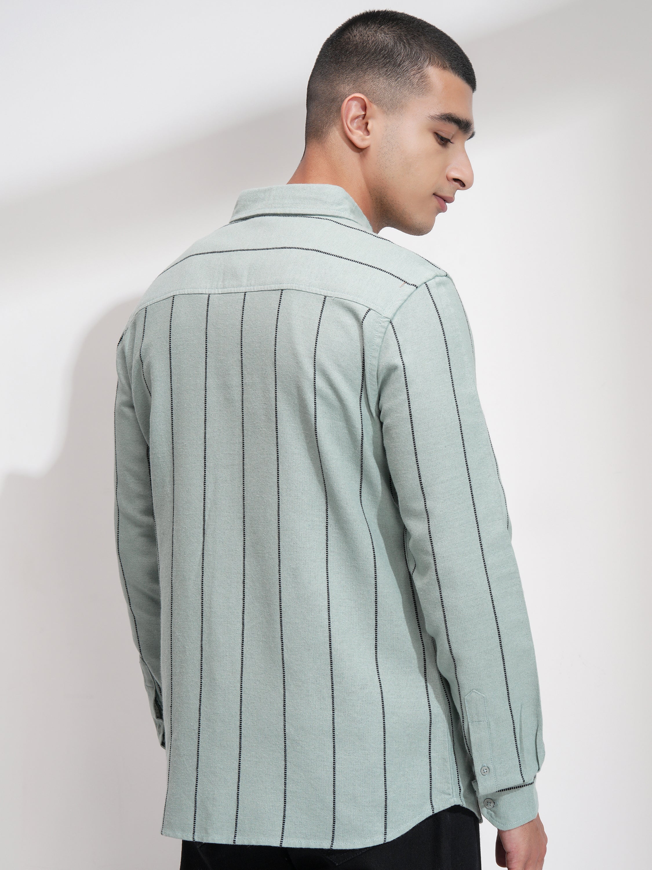 Highlander Men Green Striped Slim Fit Casual Shirt - Green - Image 3