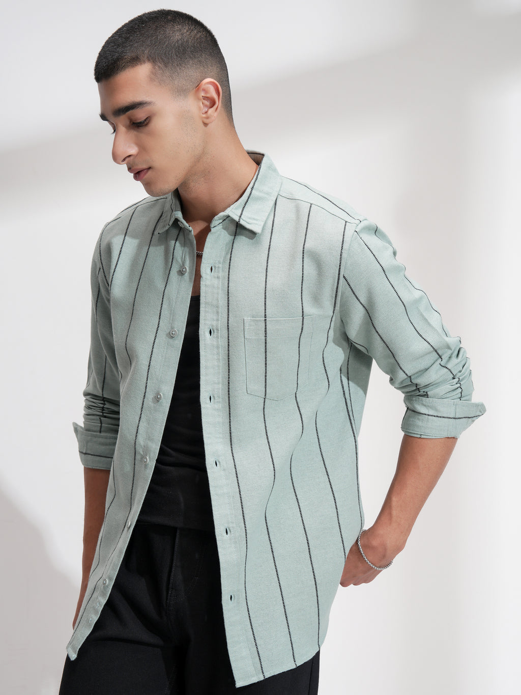 Highlander Men Green Striped Slim Fit Casual Shirt - Green - Image 4
