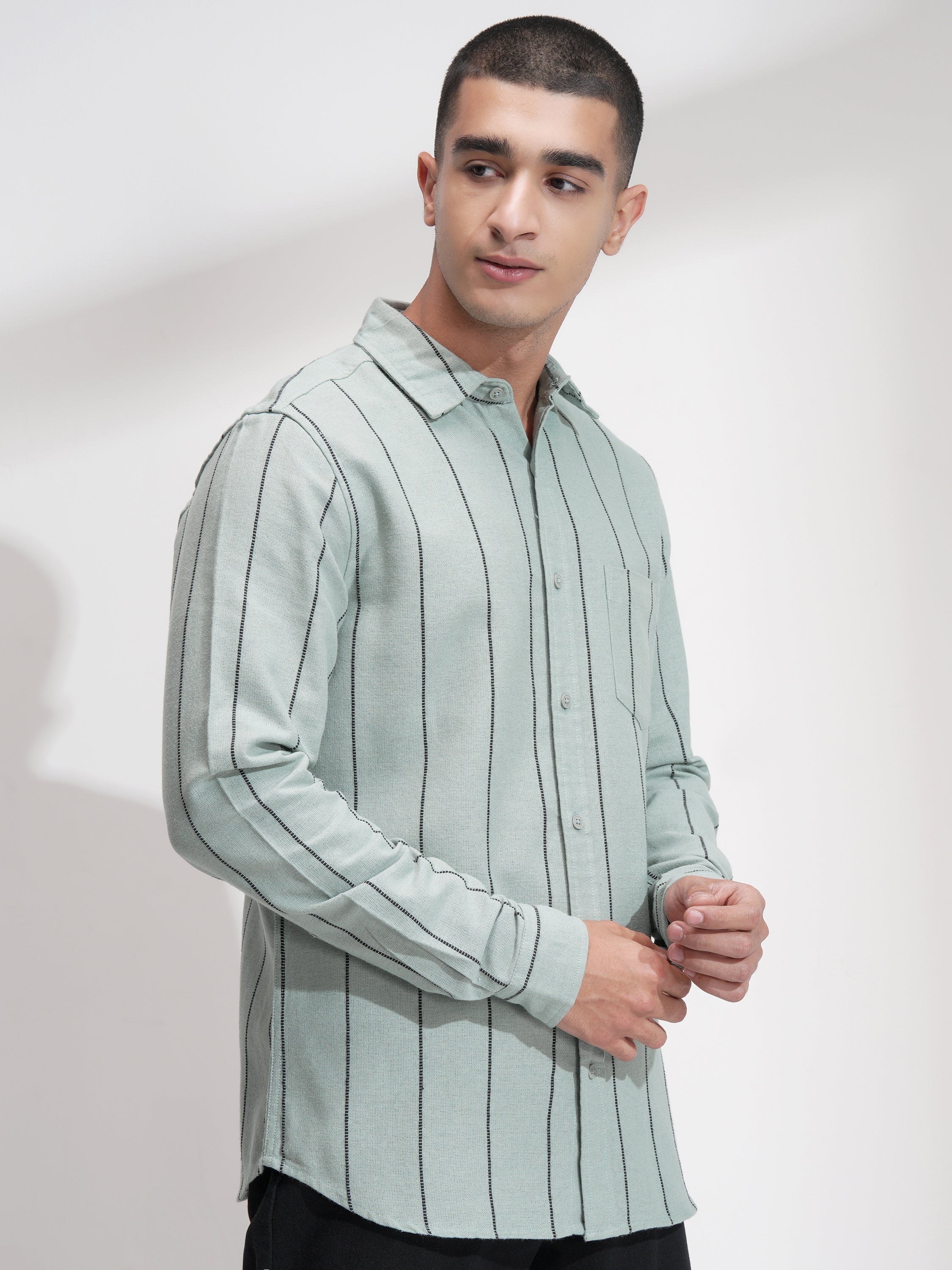 Highlander Men Green Striped Slim Fit Casual Shirt - Green - Image 6