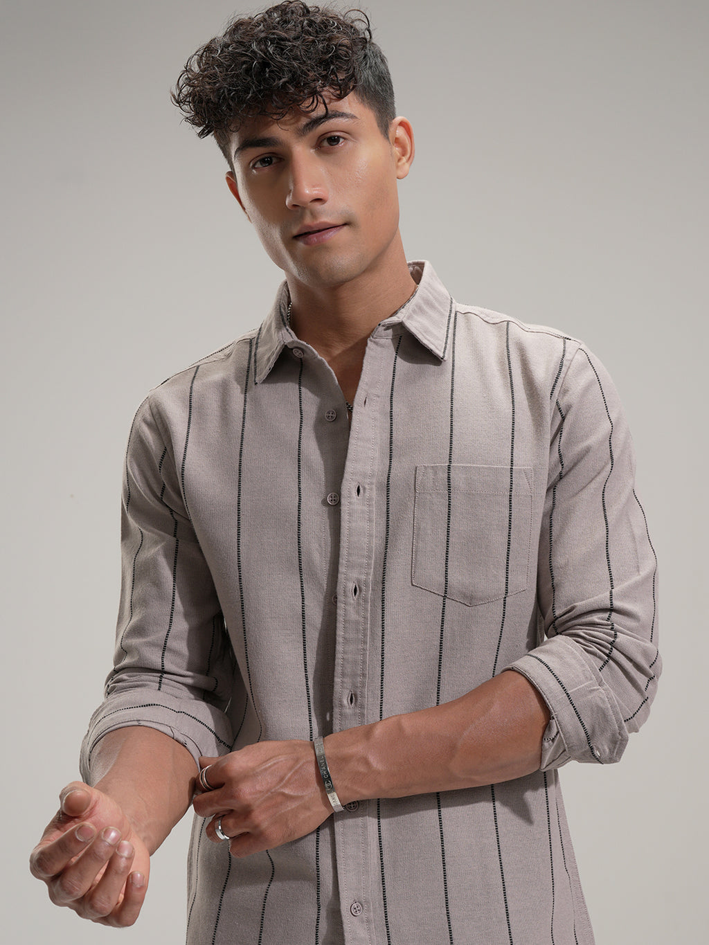 Highlander Men Tan Striped Slim Fit Casual Shirt - Tan - Image 1