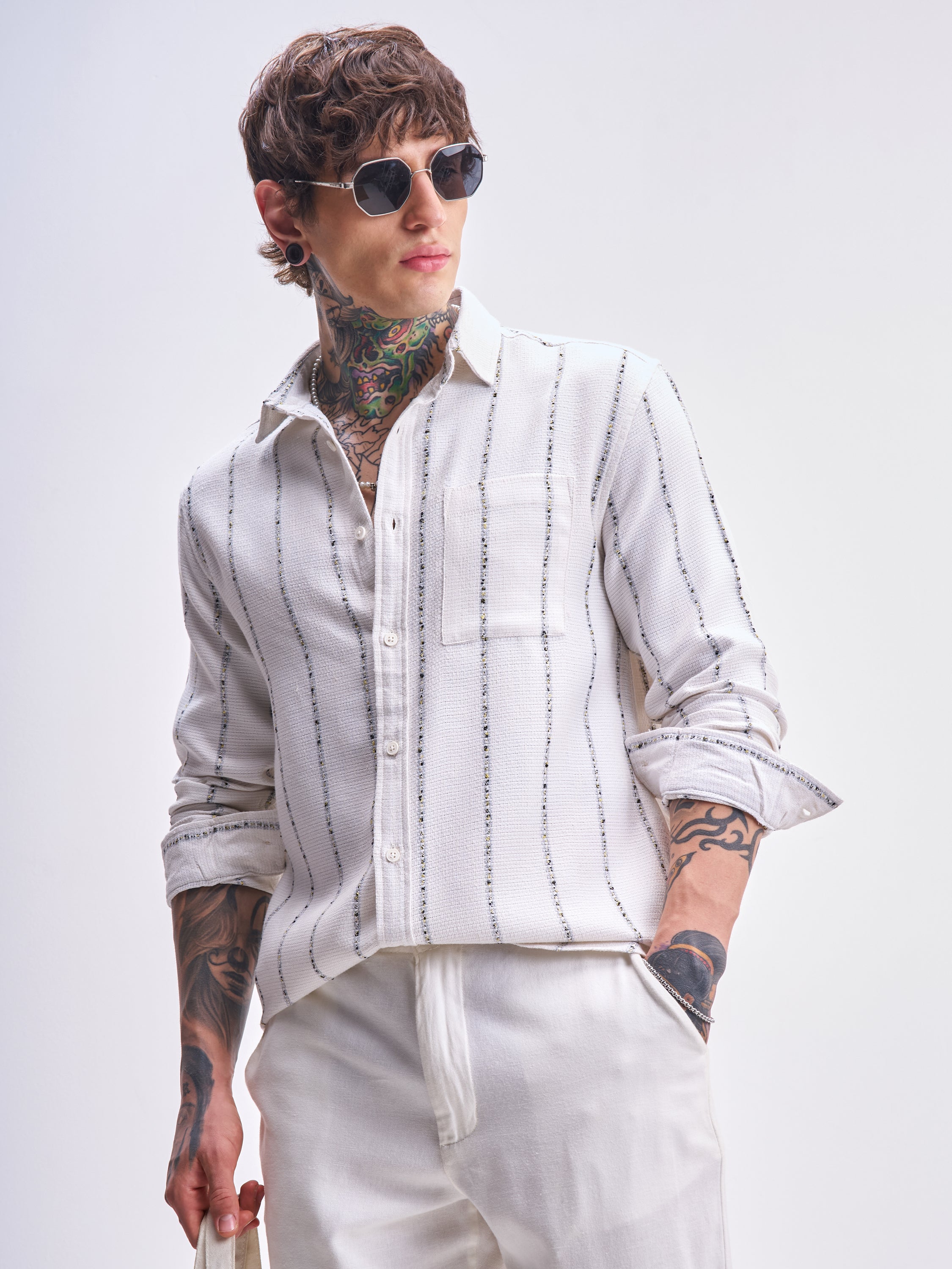 Highlander Men White Striped Relaxed Fit Casual Shirt - White - Image 1