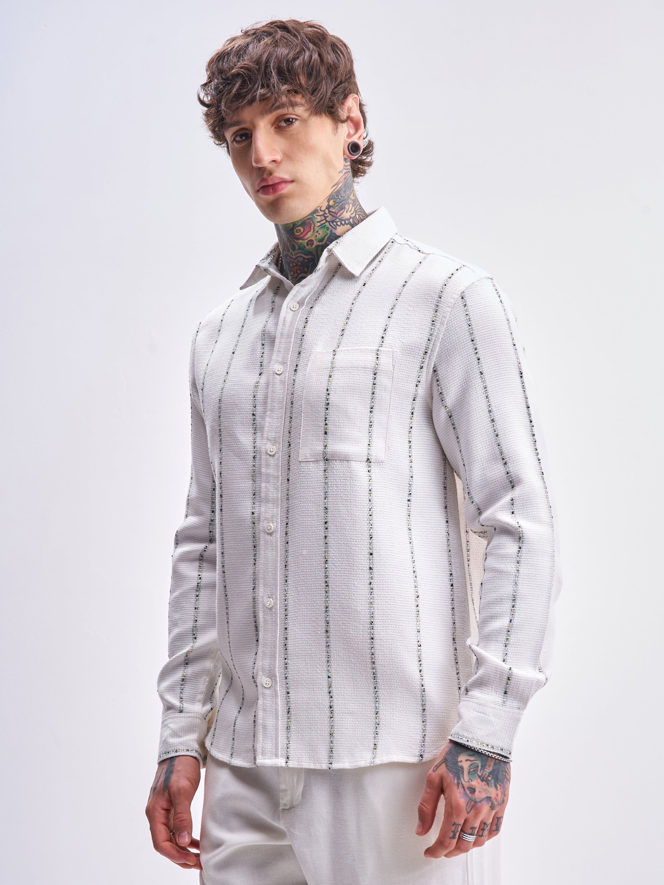 Highlander Men White Striped Relaxed Fit Casual Shirt - White - Image 4